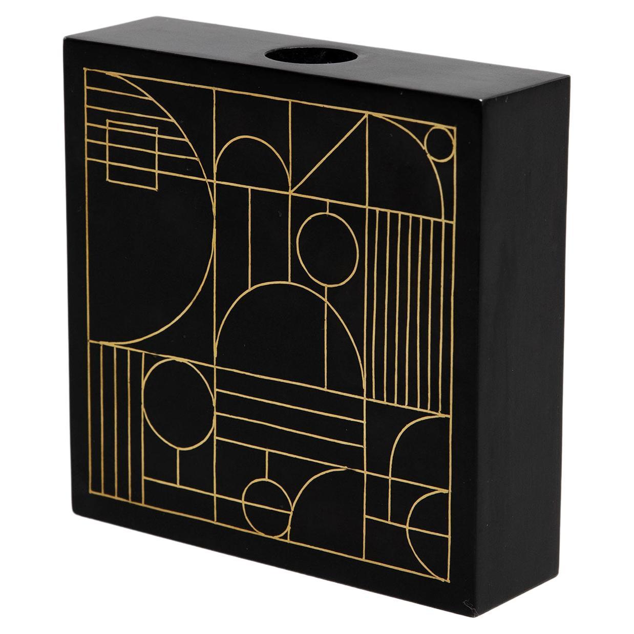 Petit bougeoir carré Art Déco en laiton incrusté noir