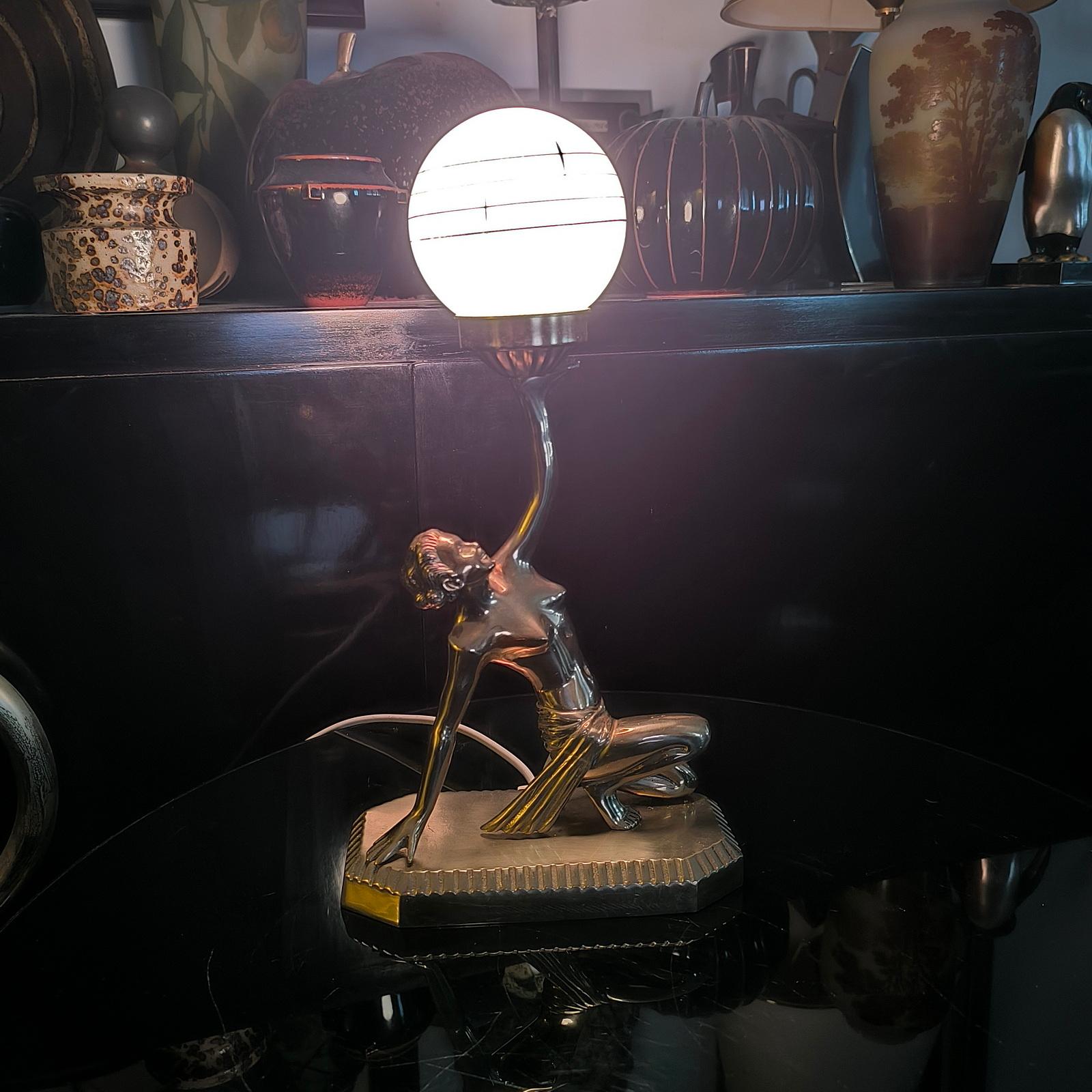 French Art Deco Brass Lady Figural Lamp, in the Style of Lorenzl, circa 1940 For Sale