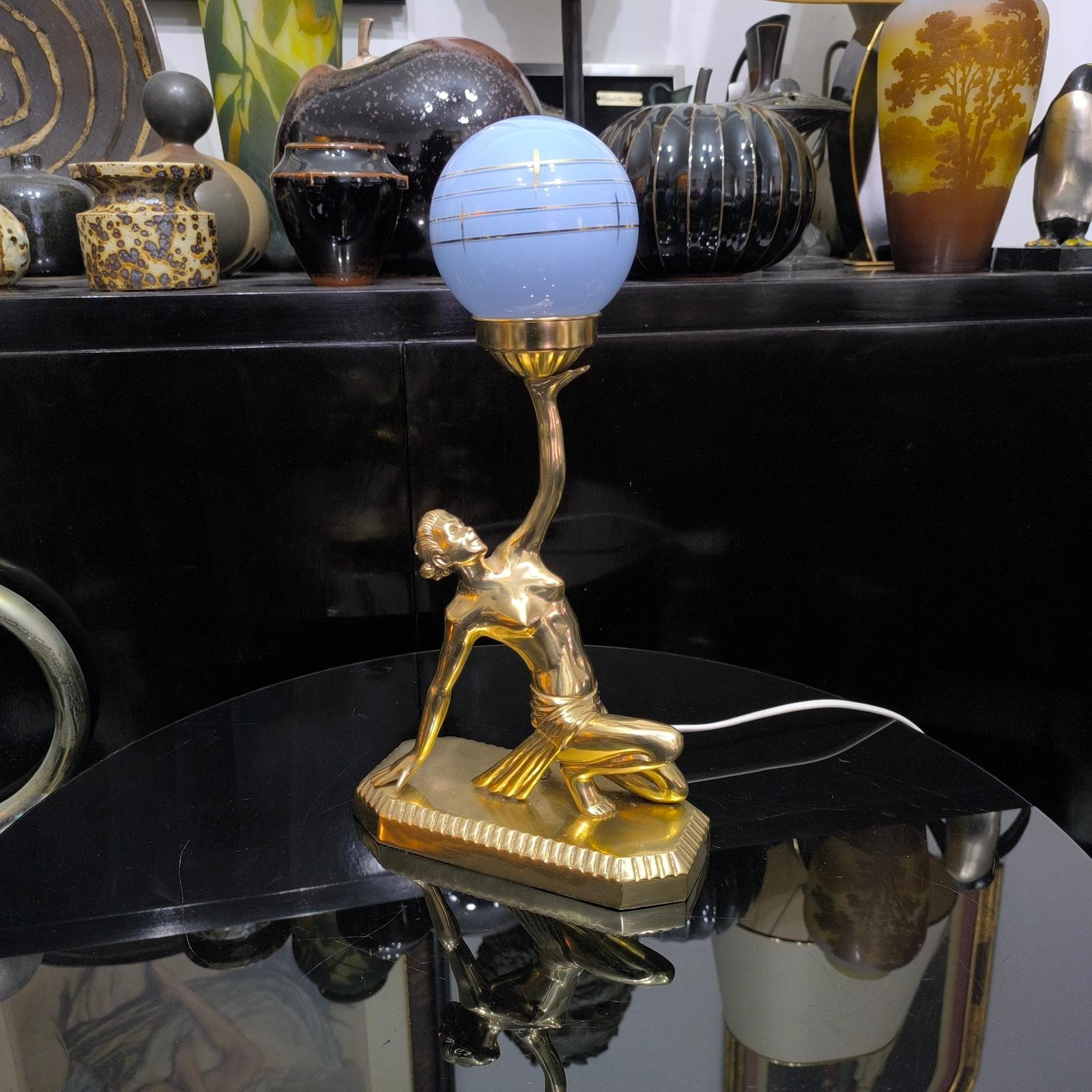 Gilt Art Deco Brass Lady Figural Lamp, in the Style of Lorenzl, circa 1940 For Sale
