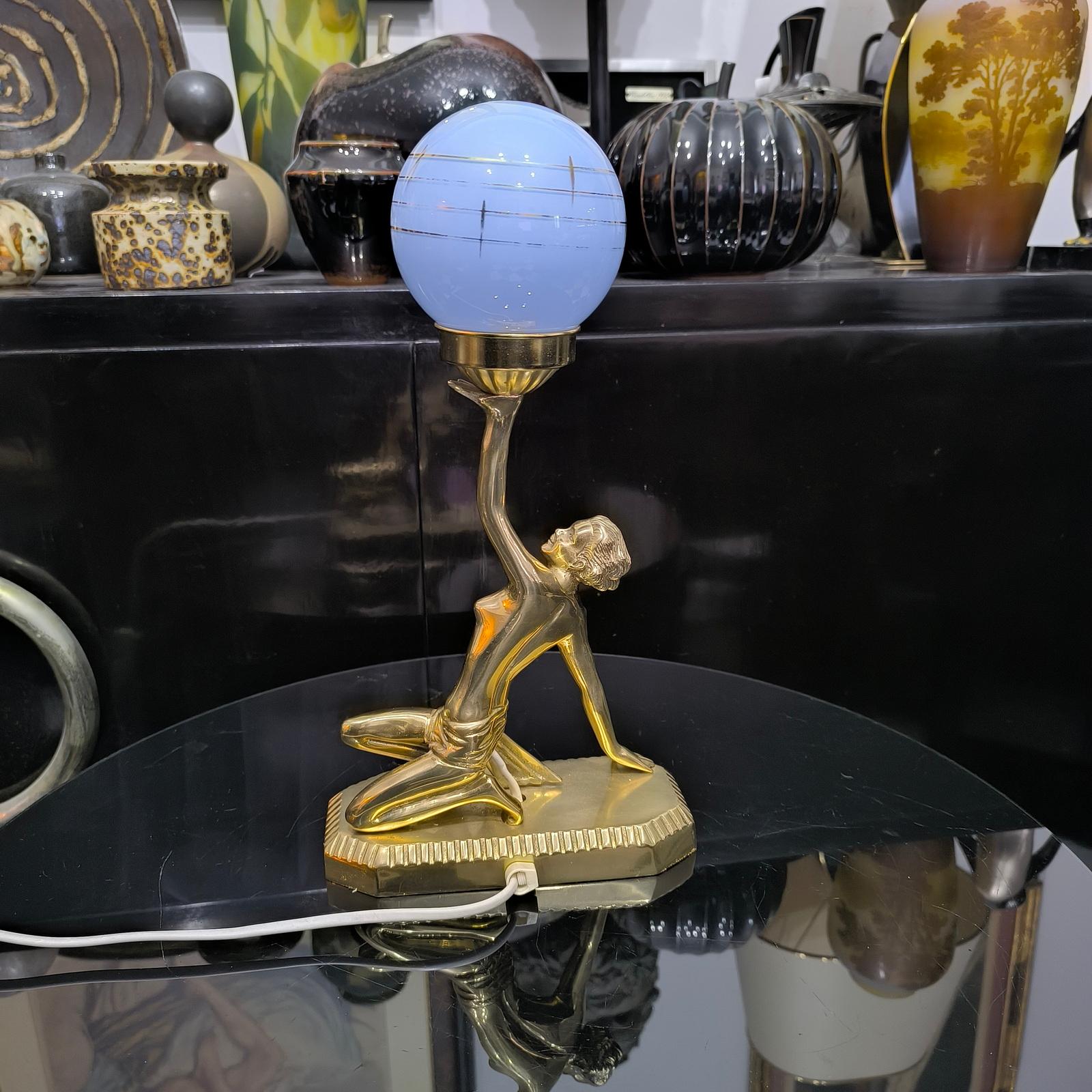 Art Deco Brass Lady Figural Lamp, in the Style of Lorenzl, circa 1940 For Sale 1