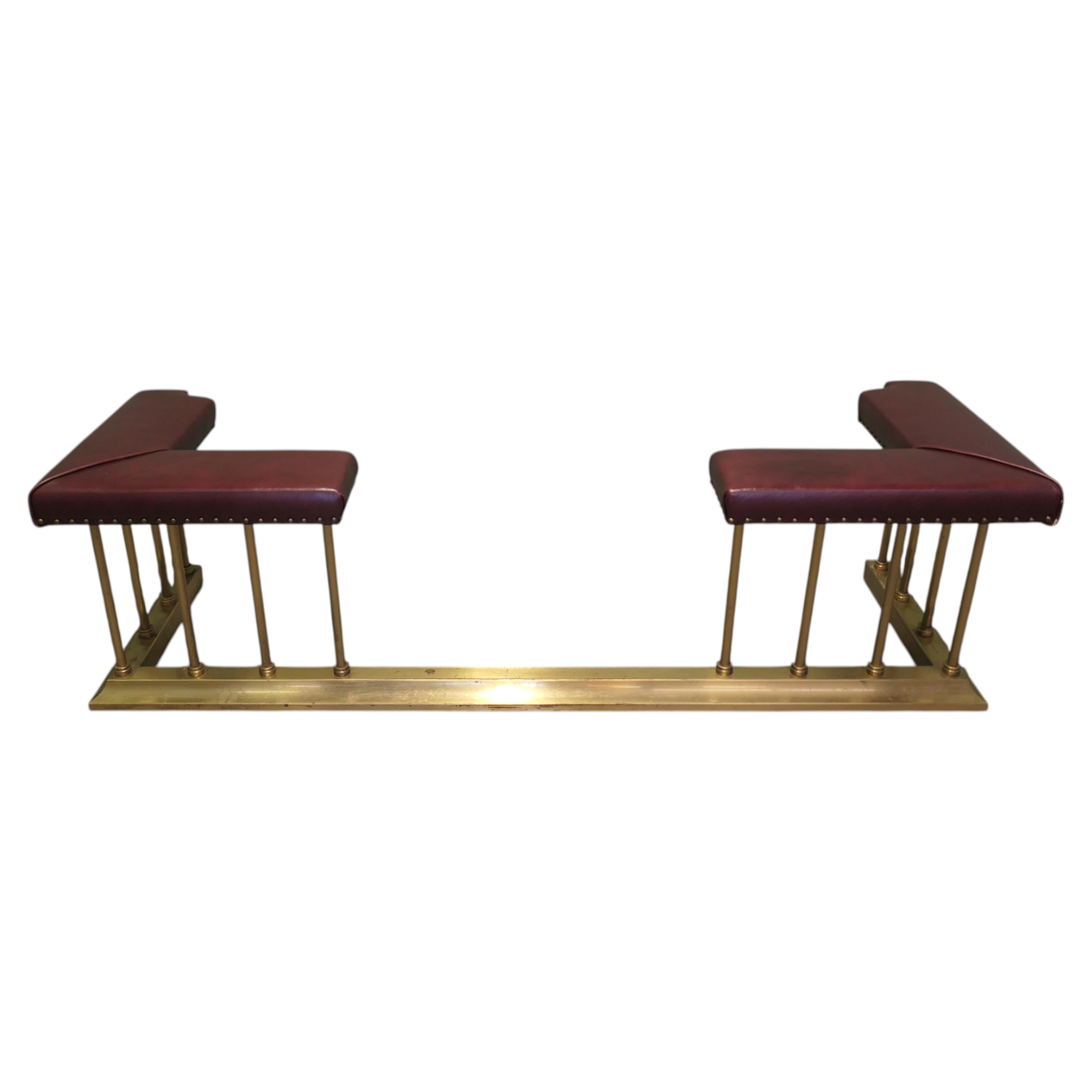 Art Deco Brass & Leather Club Fender, Fireside Bench