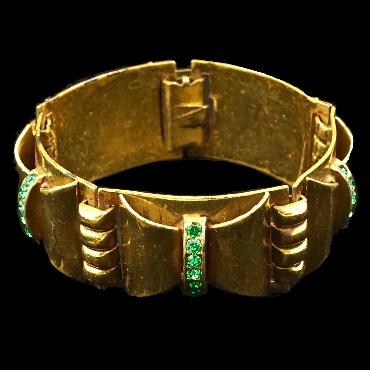 Bracelet à maillons en laiton Art Déco avec strass verts, c. 1930 en vente 2