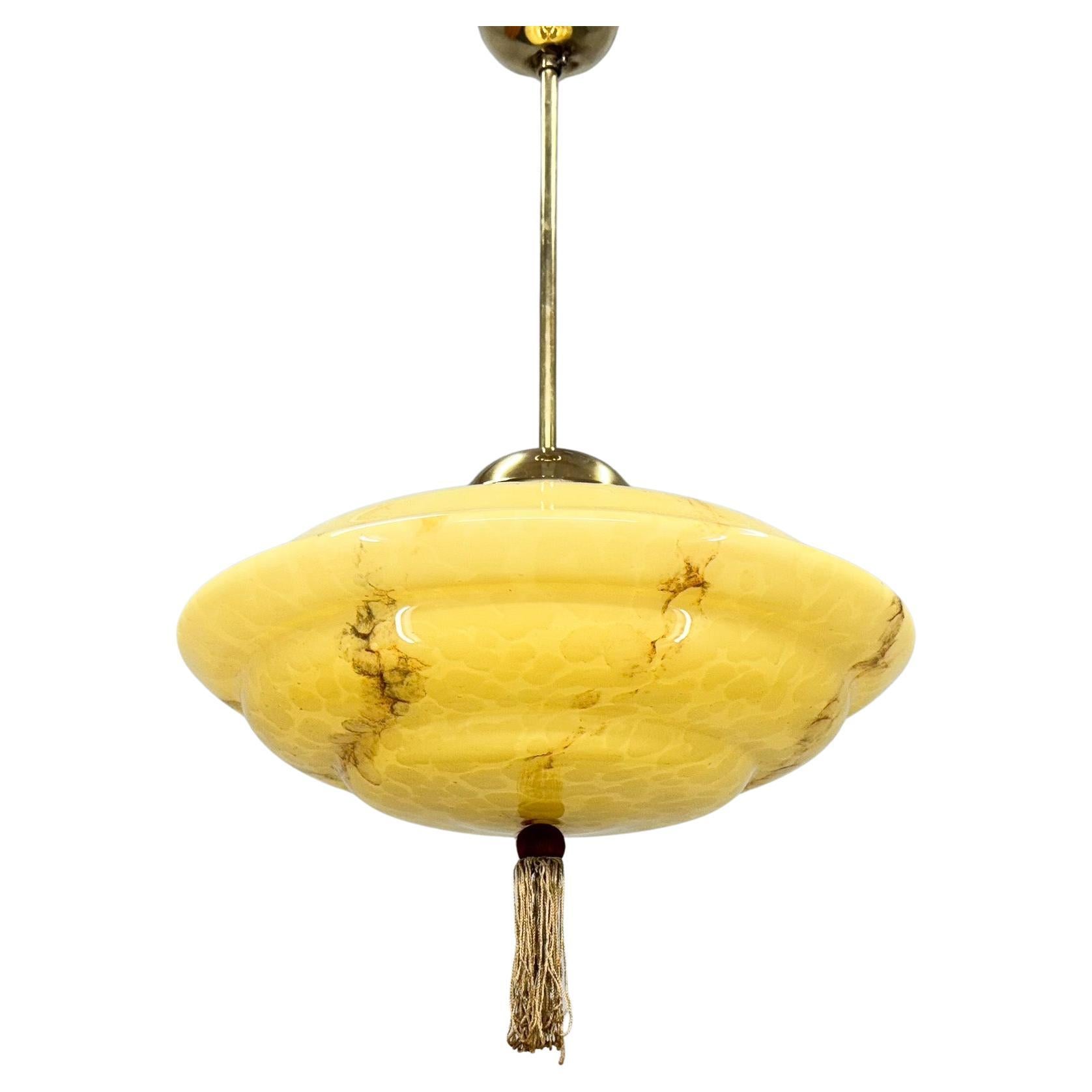 Art Deco Brass & Marble Glass Pendant Light, Czechoslovakia 1930's