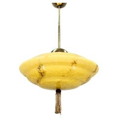 Art Deco Brass & Marble Glass Pendant Light, Czechoslovakia 1930's