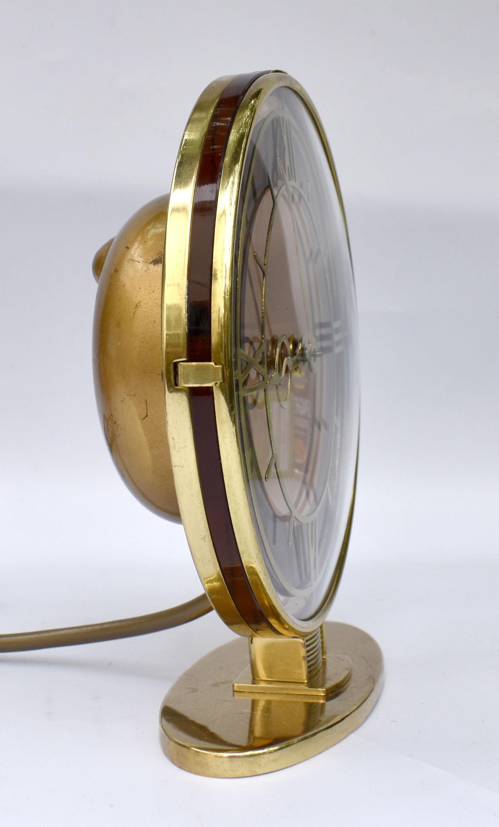 English Art Deco Brass & Mirrored Electric Clock, England, c1930 For Sale