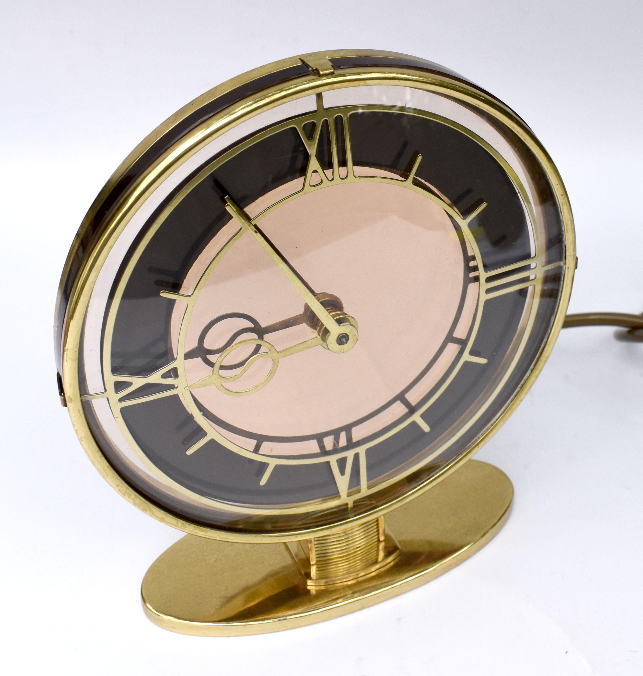 Art Deco Brass & Mirrored Electric Clock, England, c1930 For Sale 3