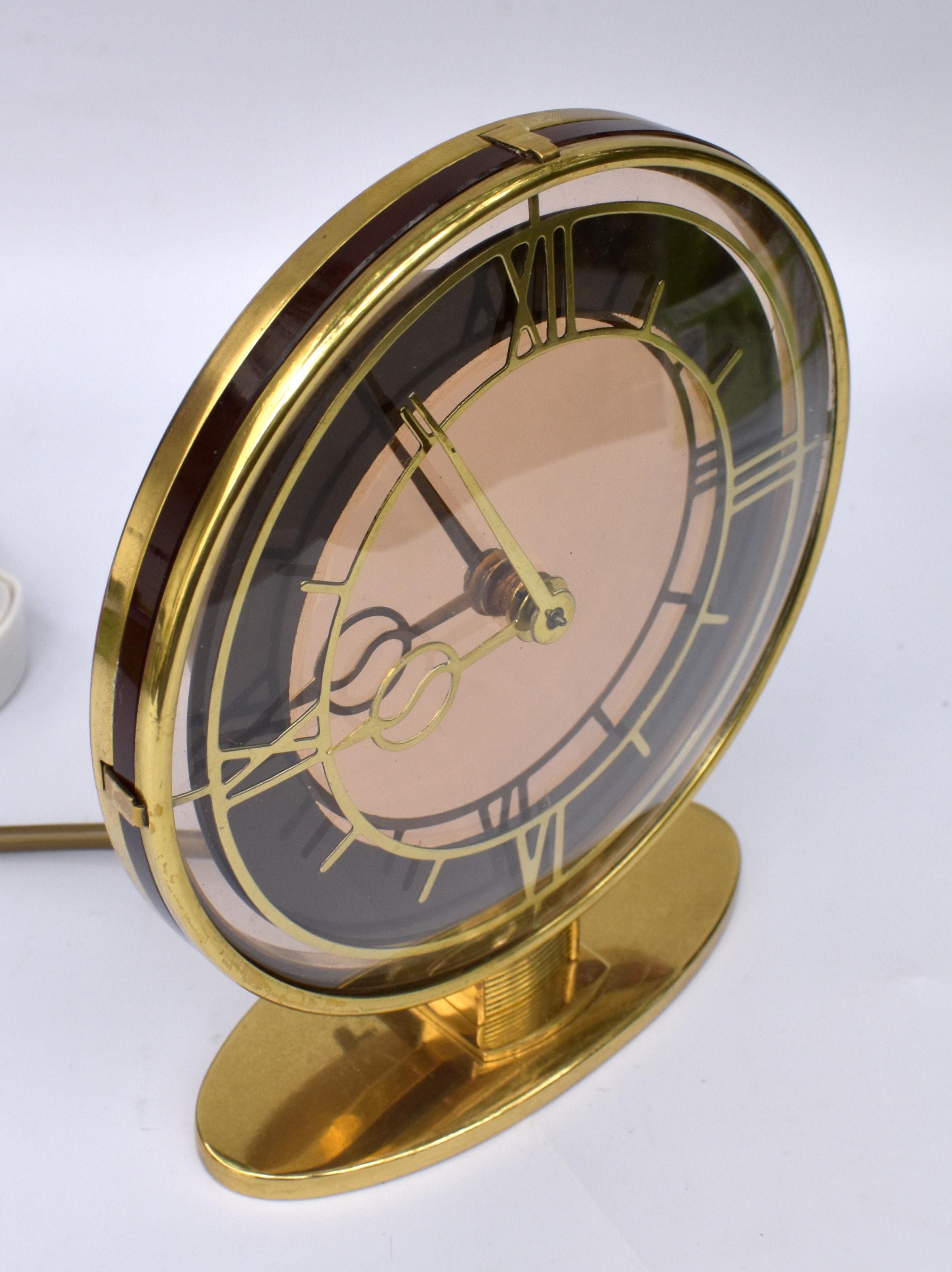 Art Deco Brass & Mirrored Electric Clock, England, c1930 For Sale 4