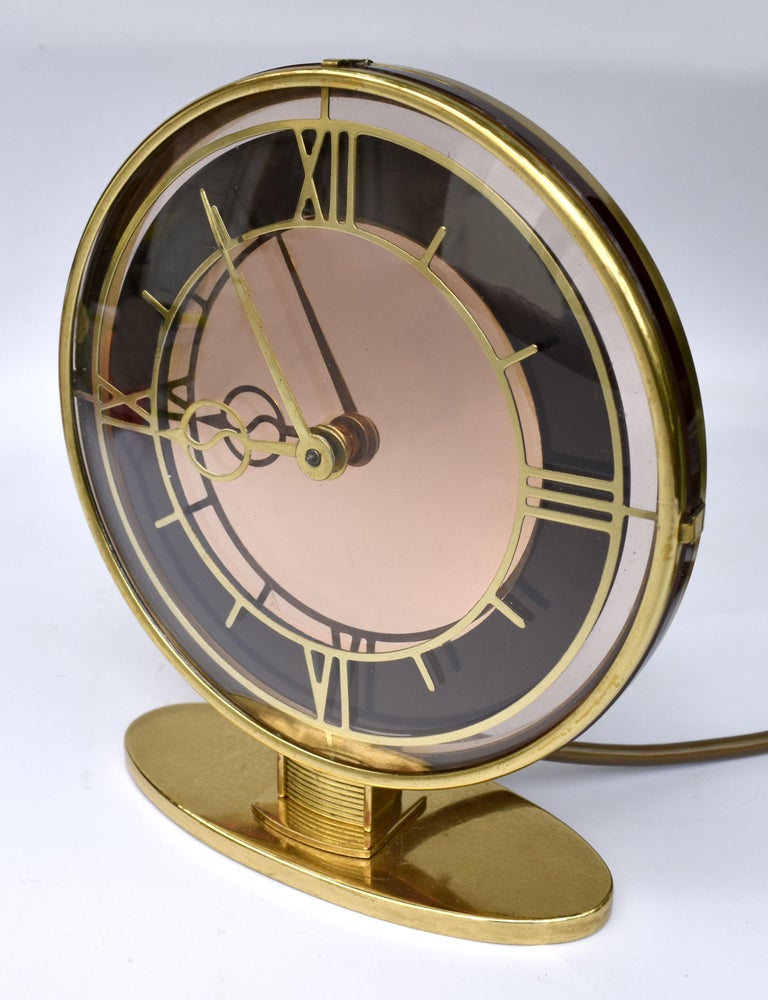 Art Deco Brass and Mirrored Electric Clock, England, c1930 For Sale at