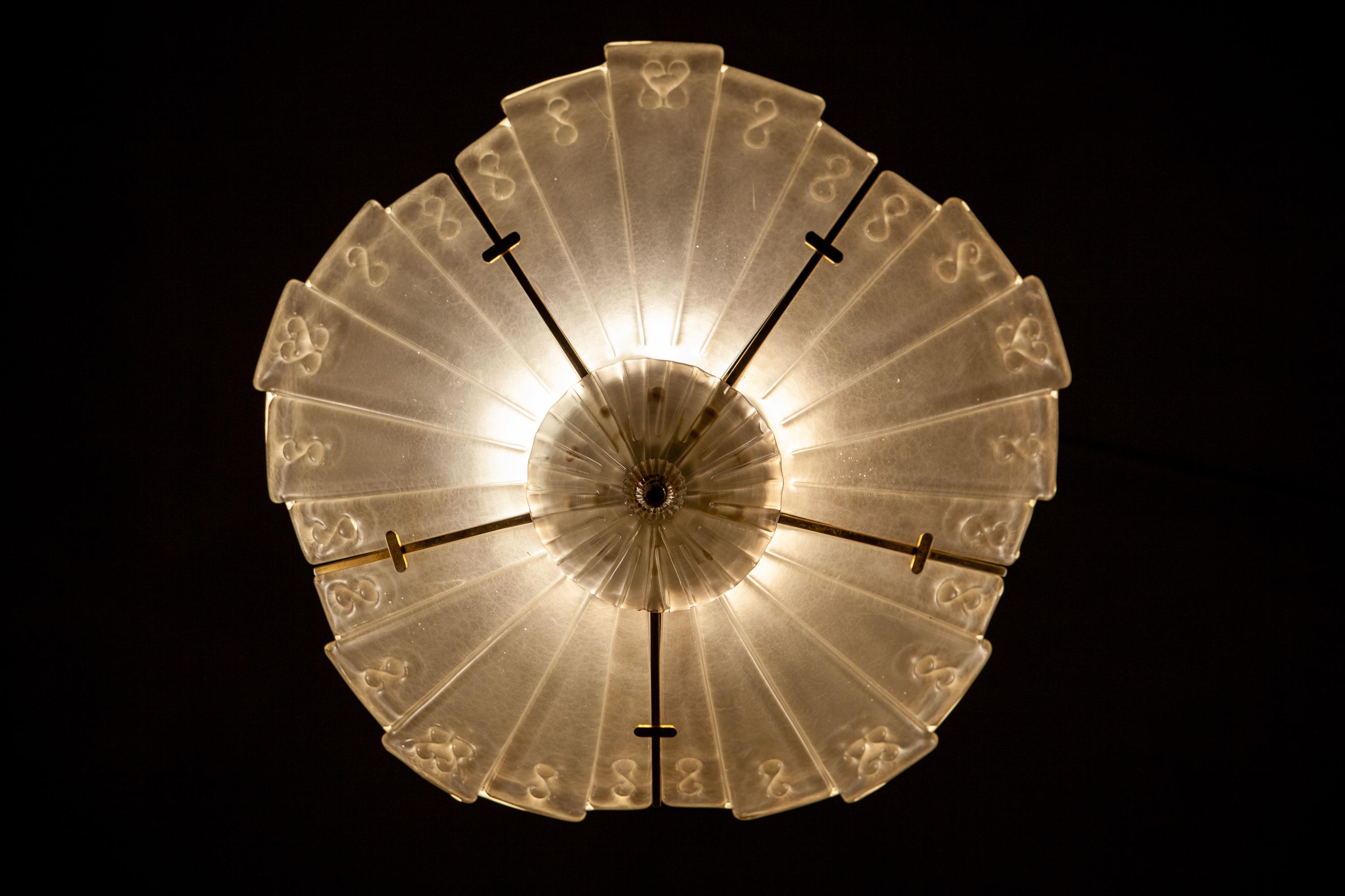 Italian Art Deco Brass Mounted Charming Fan Shape  Chandelier or Flush Mount  For Sale