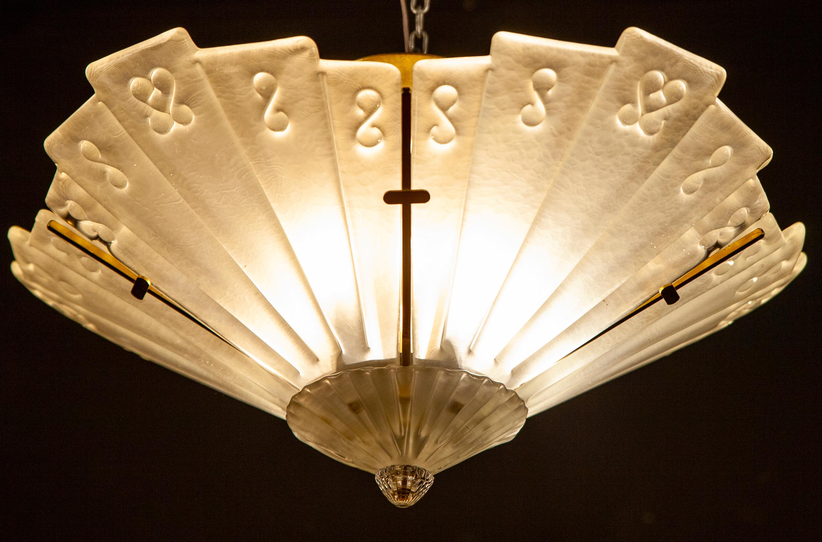 Mid-20th Century Art Deco Brass Mounted Charming Fan Shape  Chandelier or Flush Mount For Sale
