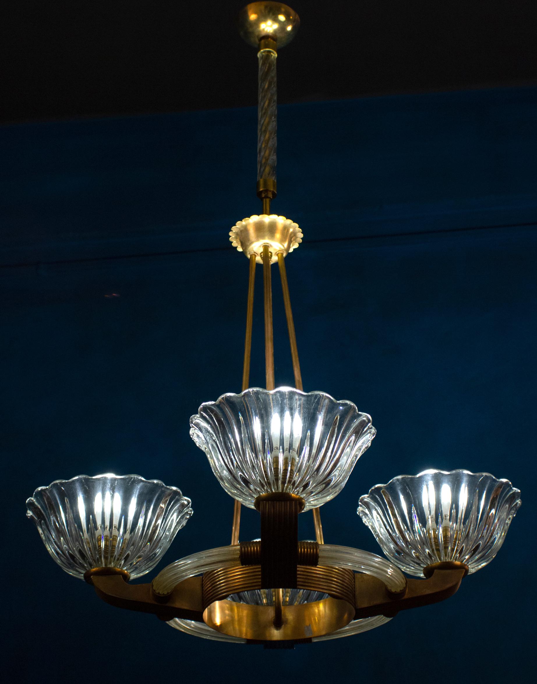 Blown Glass Art Deco Brass Mounted Murano Glass Chandelier by Barovier, 1940 For Sale