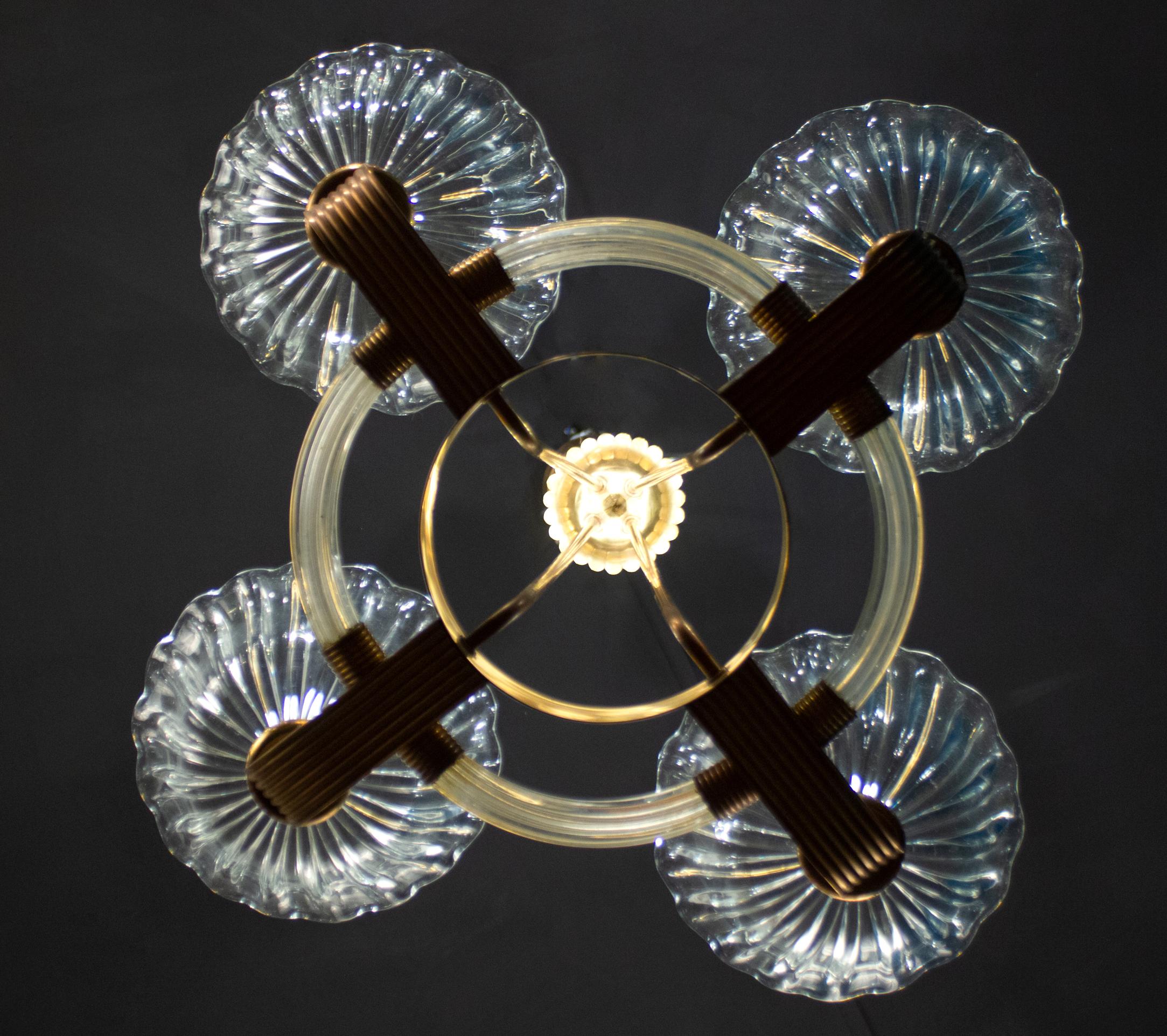 Art Deco Brass Mounted Murano Glass Chandelier by Barovier, 1940 For Sale 1