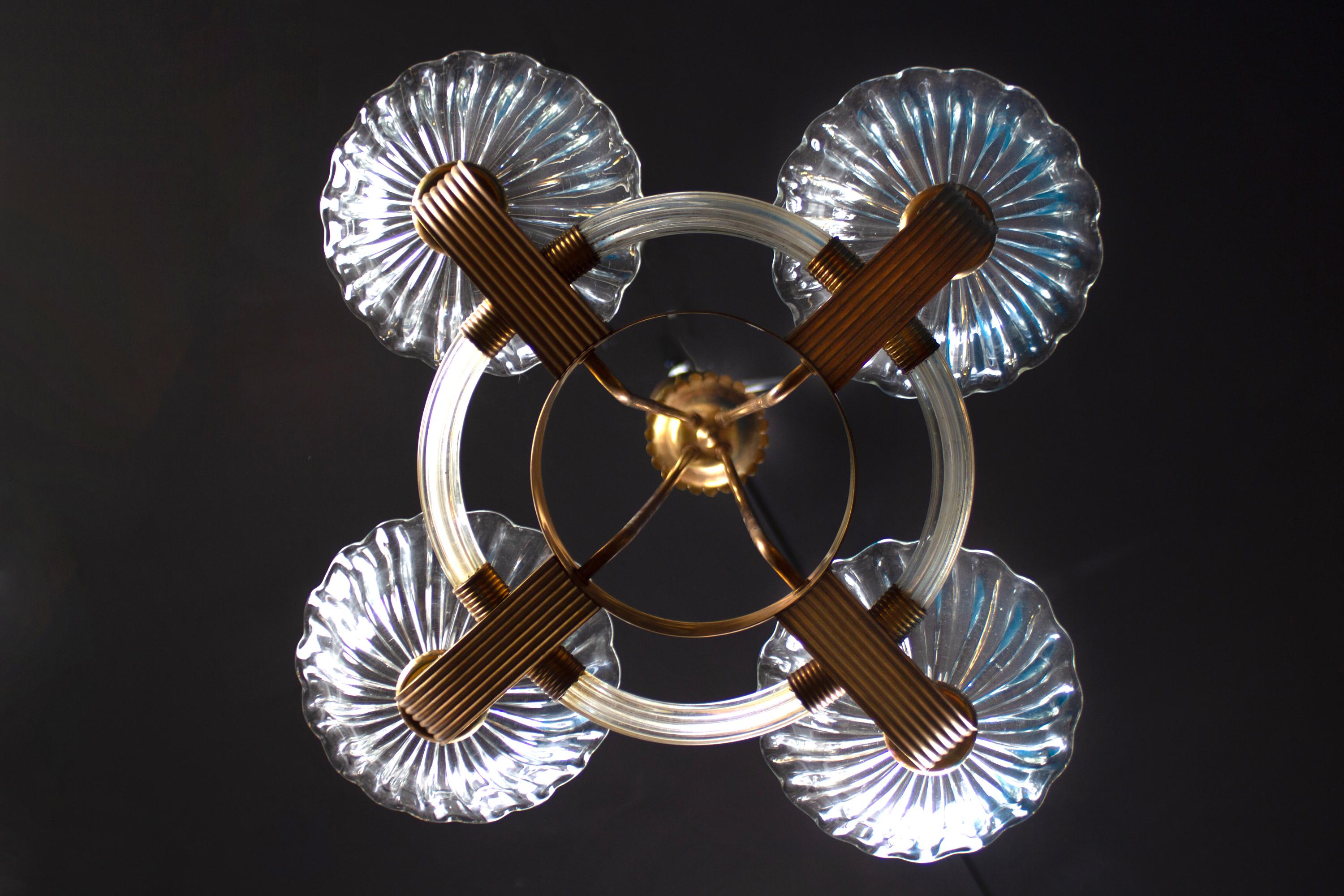 Art Deco Brass Mounted Murano Glass Chandelier by Barovier, 1940 For Sale 2
