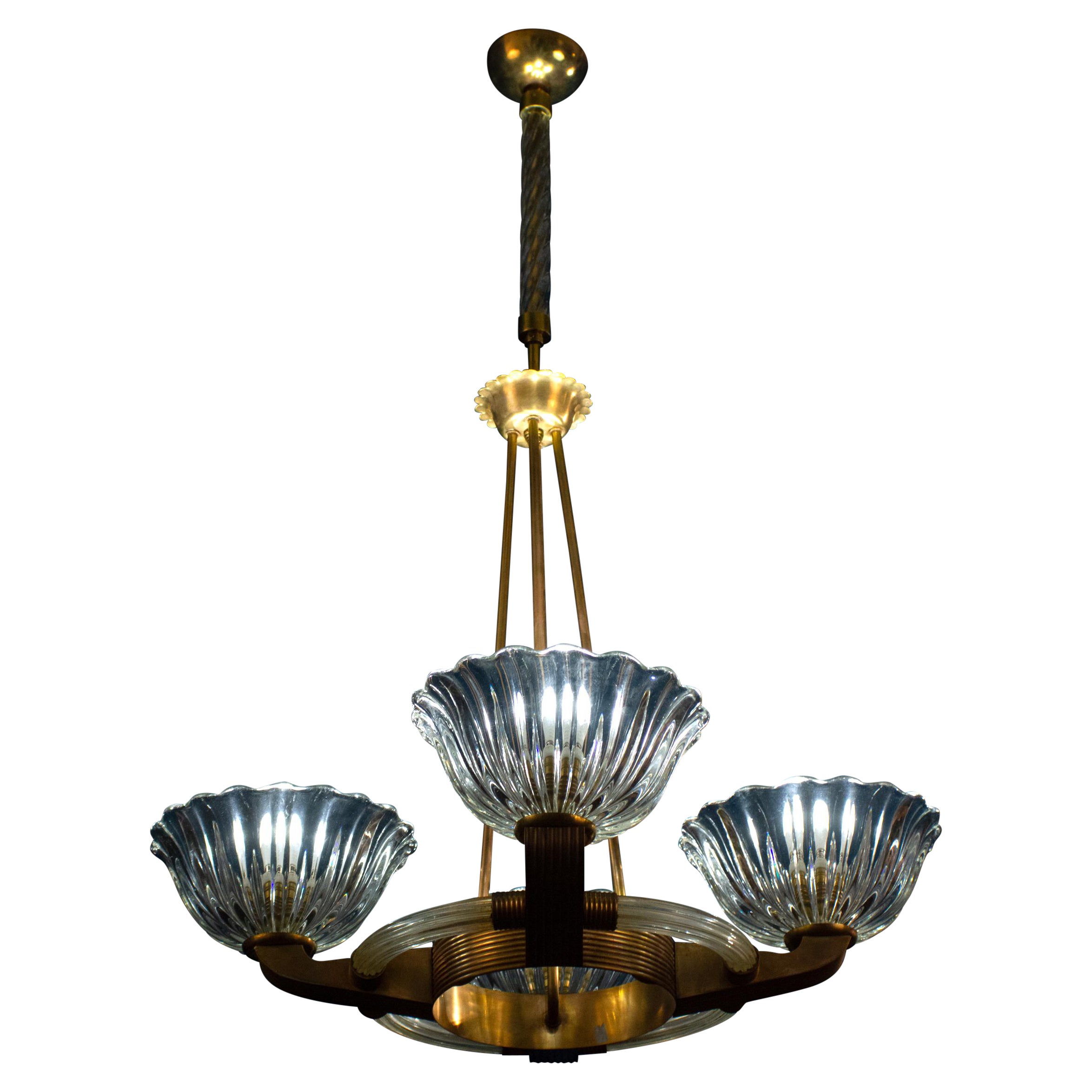 Lampadario Art Deco in ottone con vetro di Murano di Barovier, 1940 in vendita