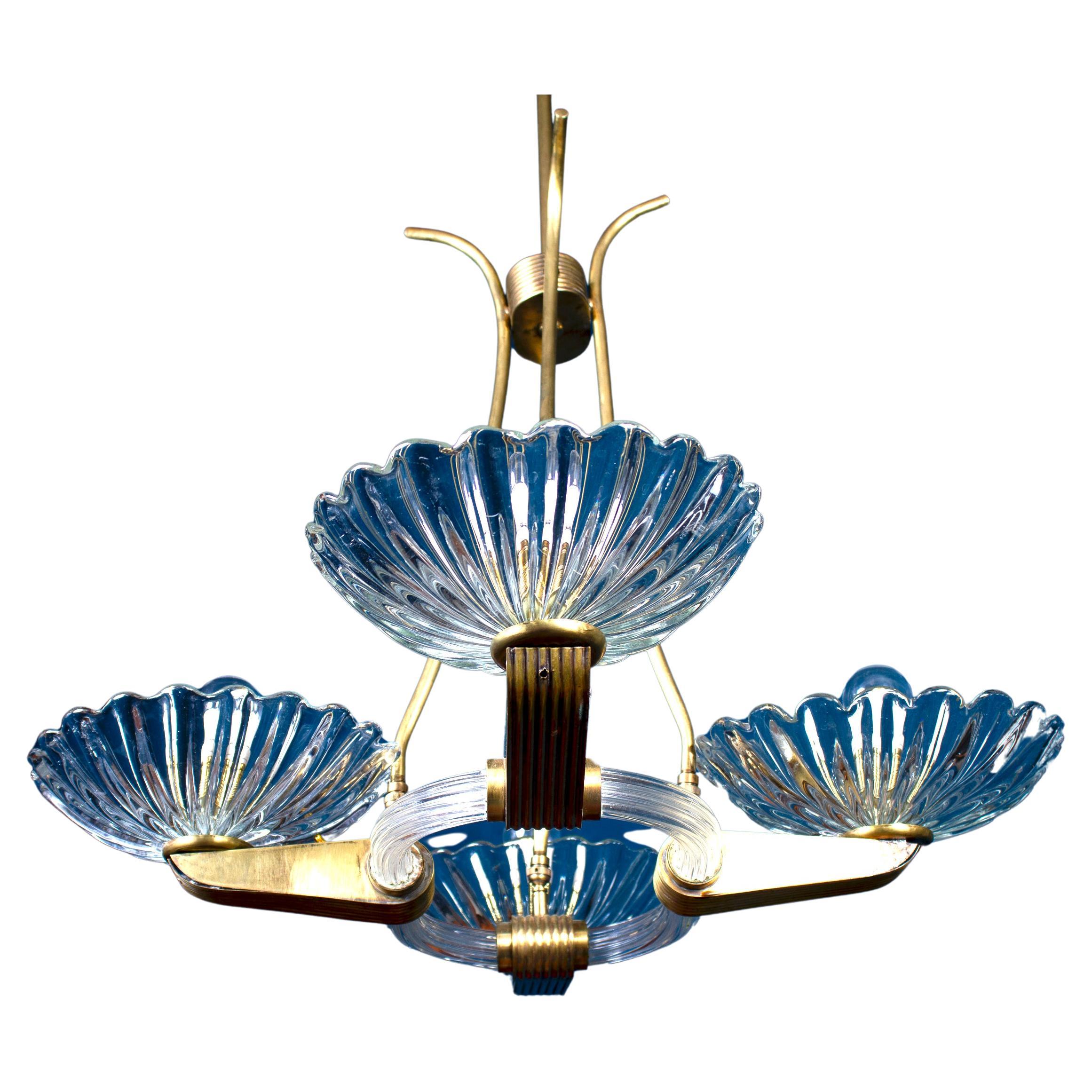 Art Deco Brass Mounted Murano Glass Chandelier by Barovier, 1940 For Sale