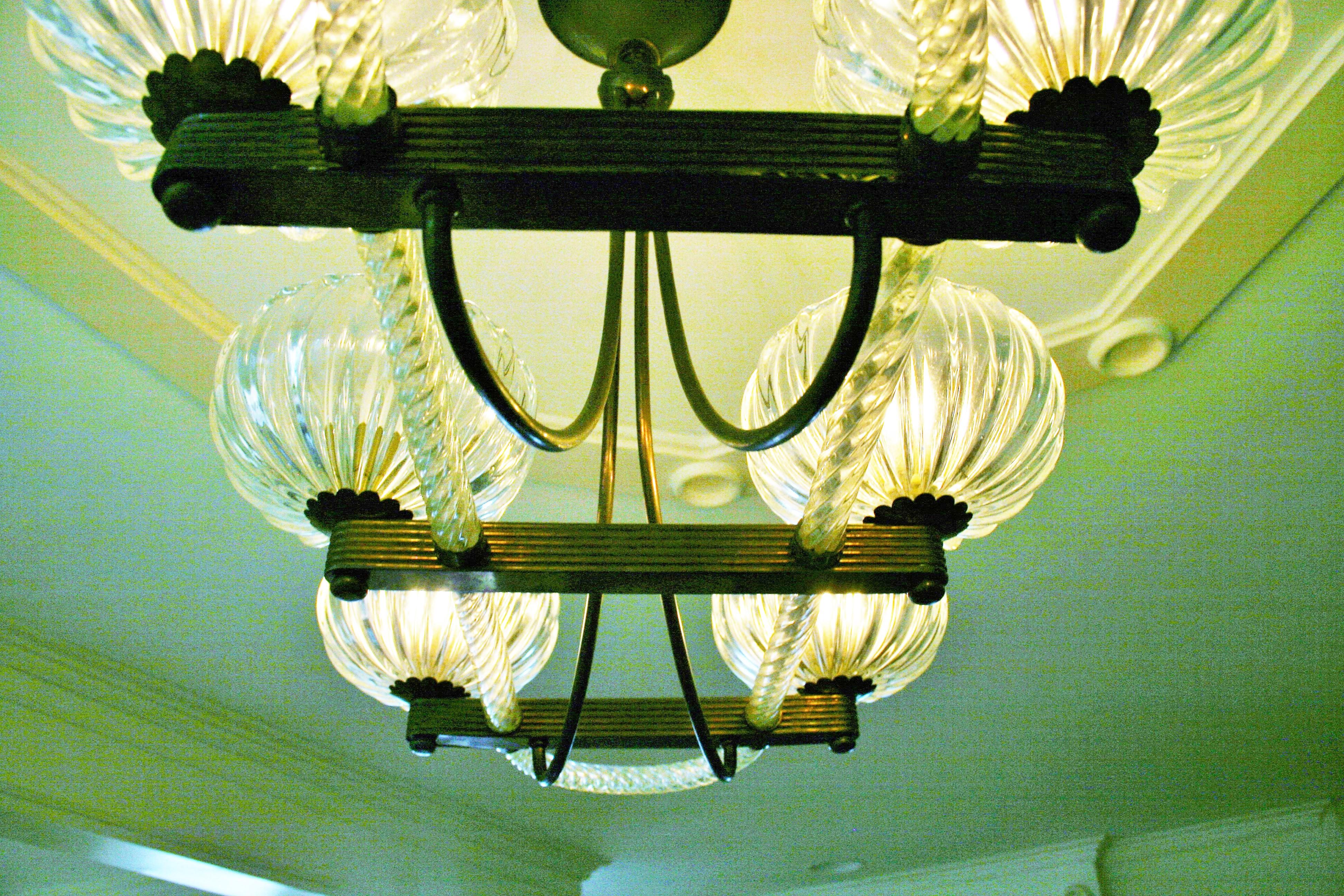 Art Deco Brass Mounted Murano Glass Chandelier by Ercole Barovier, 1940 6