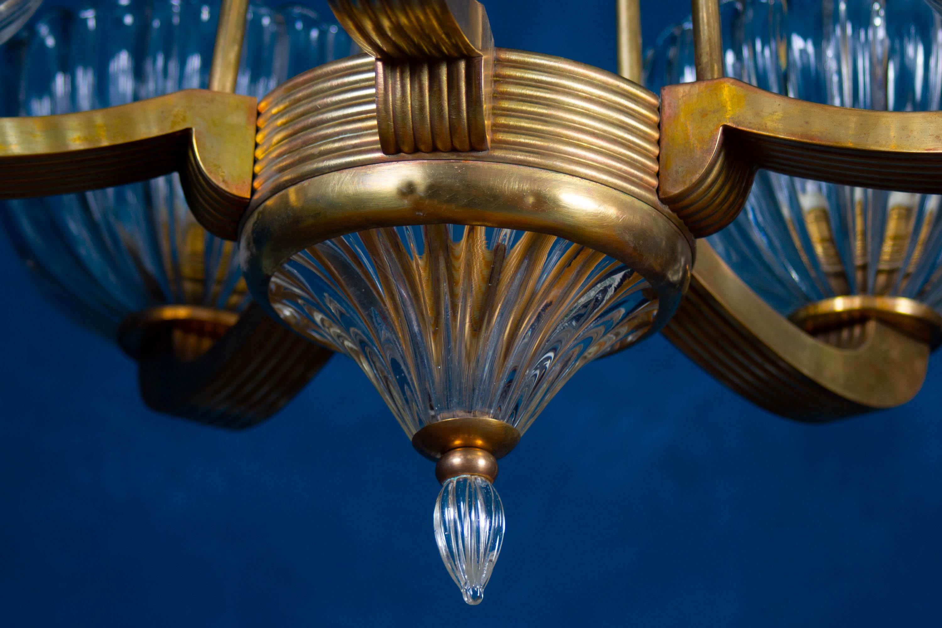Art Deco Brass Mounted Murano Glass Chandelier by Ercole Barovier, 1940 4