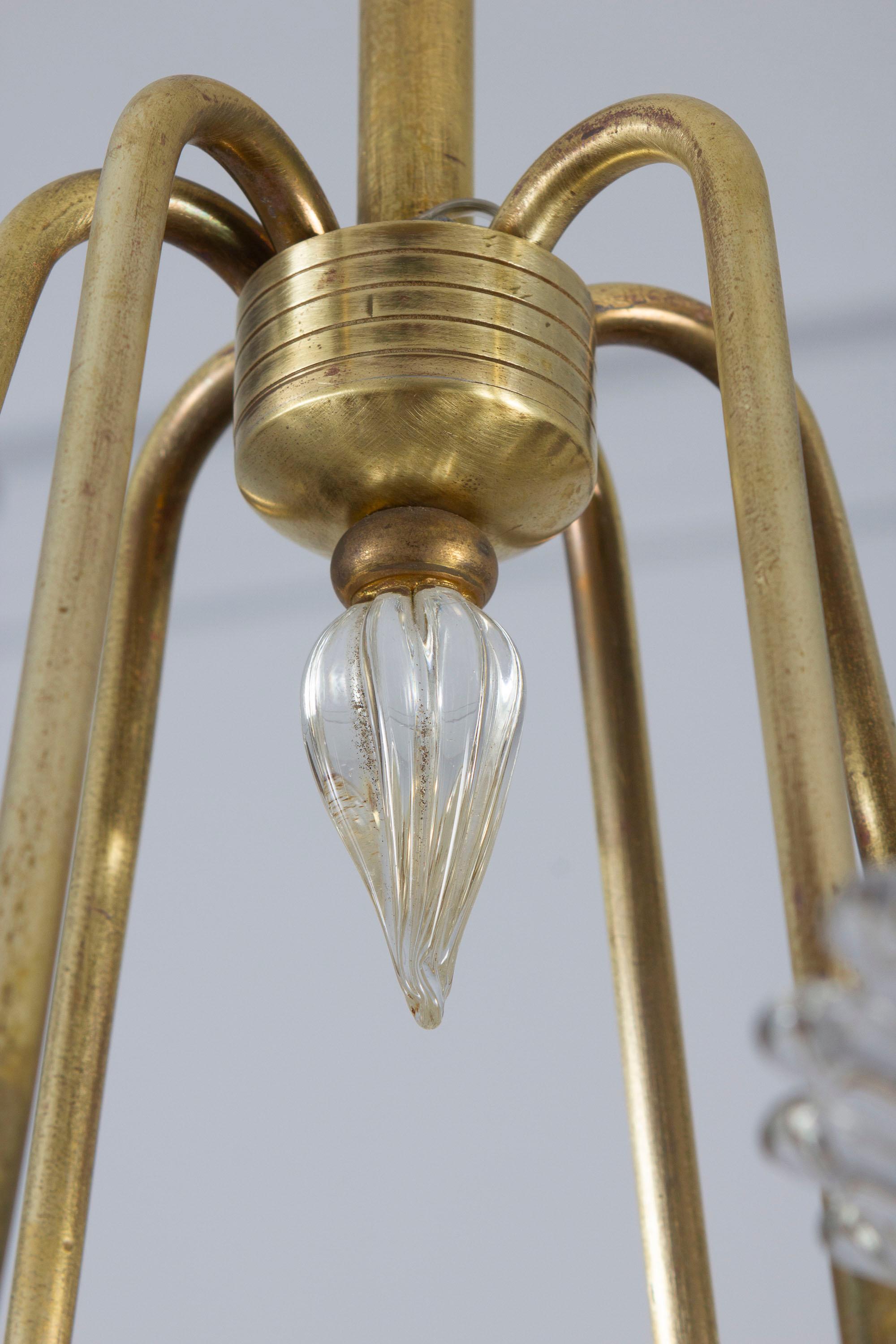  Art Deco Brass Mounted Murano Glass Chandelier by Ercole Barovier 1940 For Sale 4