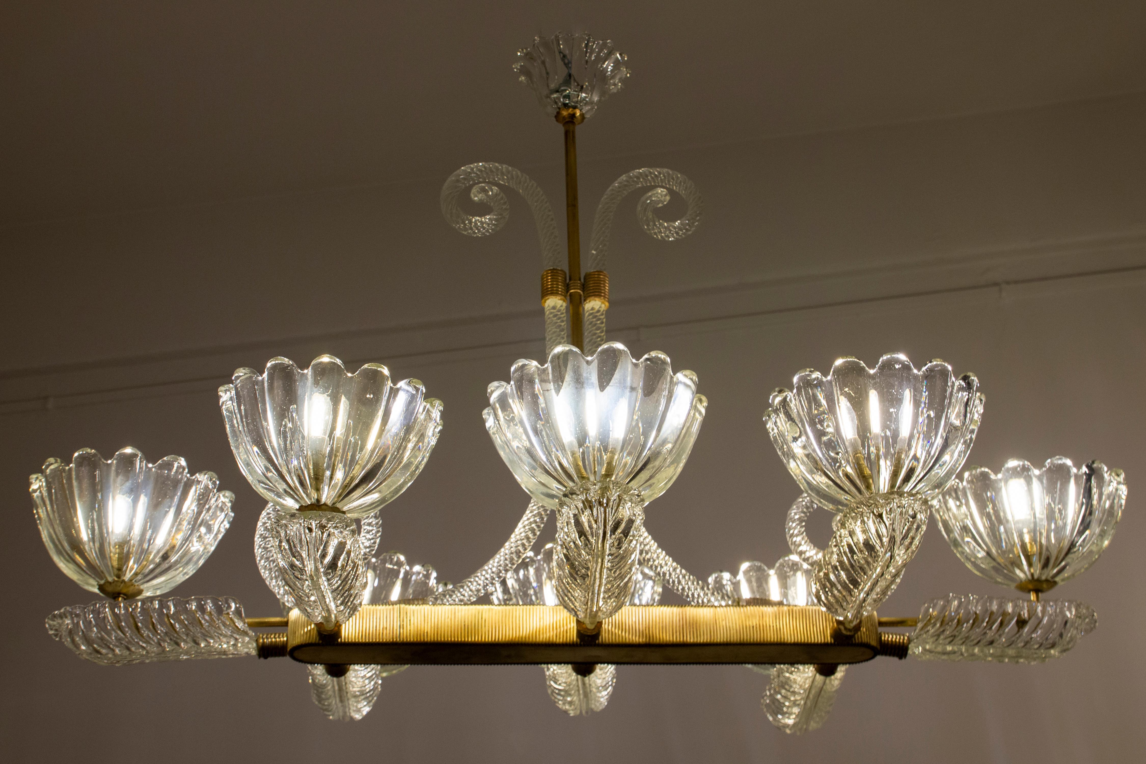 Art Deco Brass Mounted Murano Glass Chandelier by Ercole Barovier, 1940 For Sale 4
