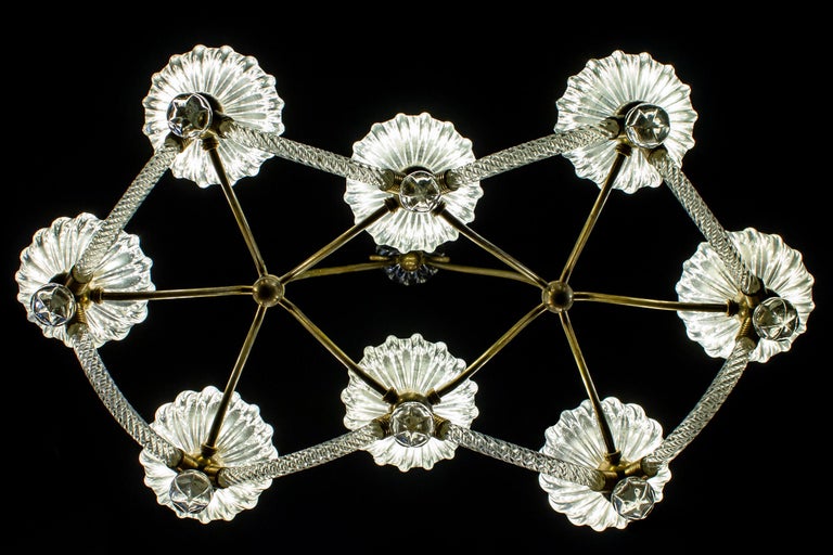 Art Deco Brass Mounted Murano Glass Chandelier by Ercole Barovier, 1940 For Sale 5