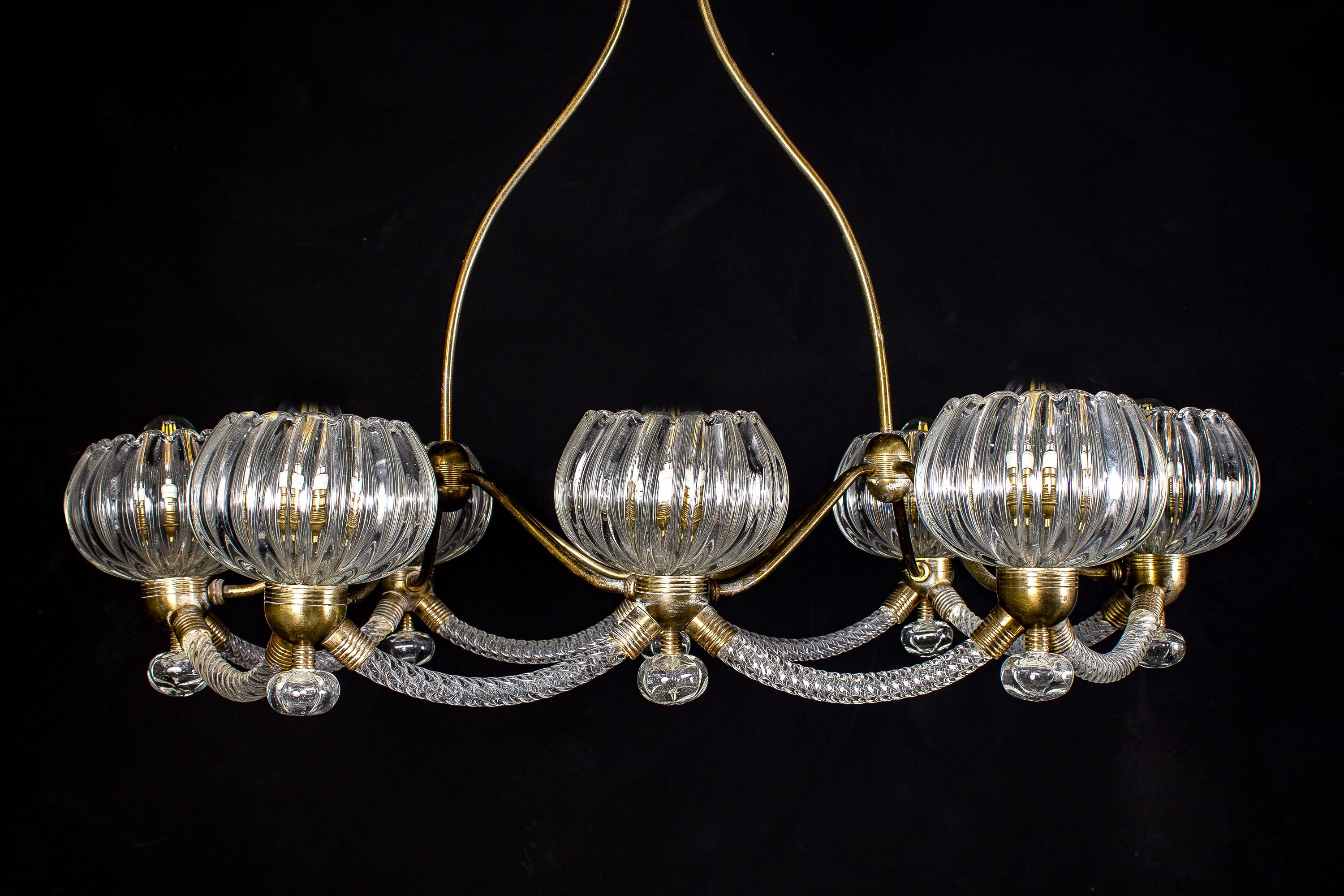 Art Deco Brass Mounted Murano Glass Chandelier by Ercole Barovier, 1940 5