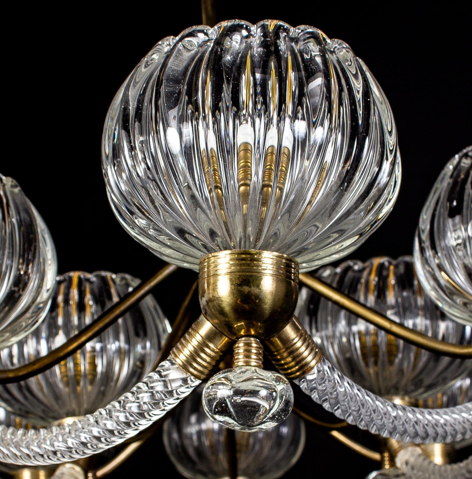 Art Deco Brass Mounted Murano Glass Chandelier by Ercole Barovier, 1940 5