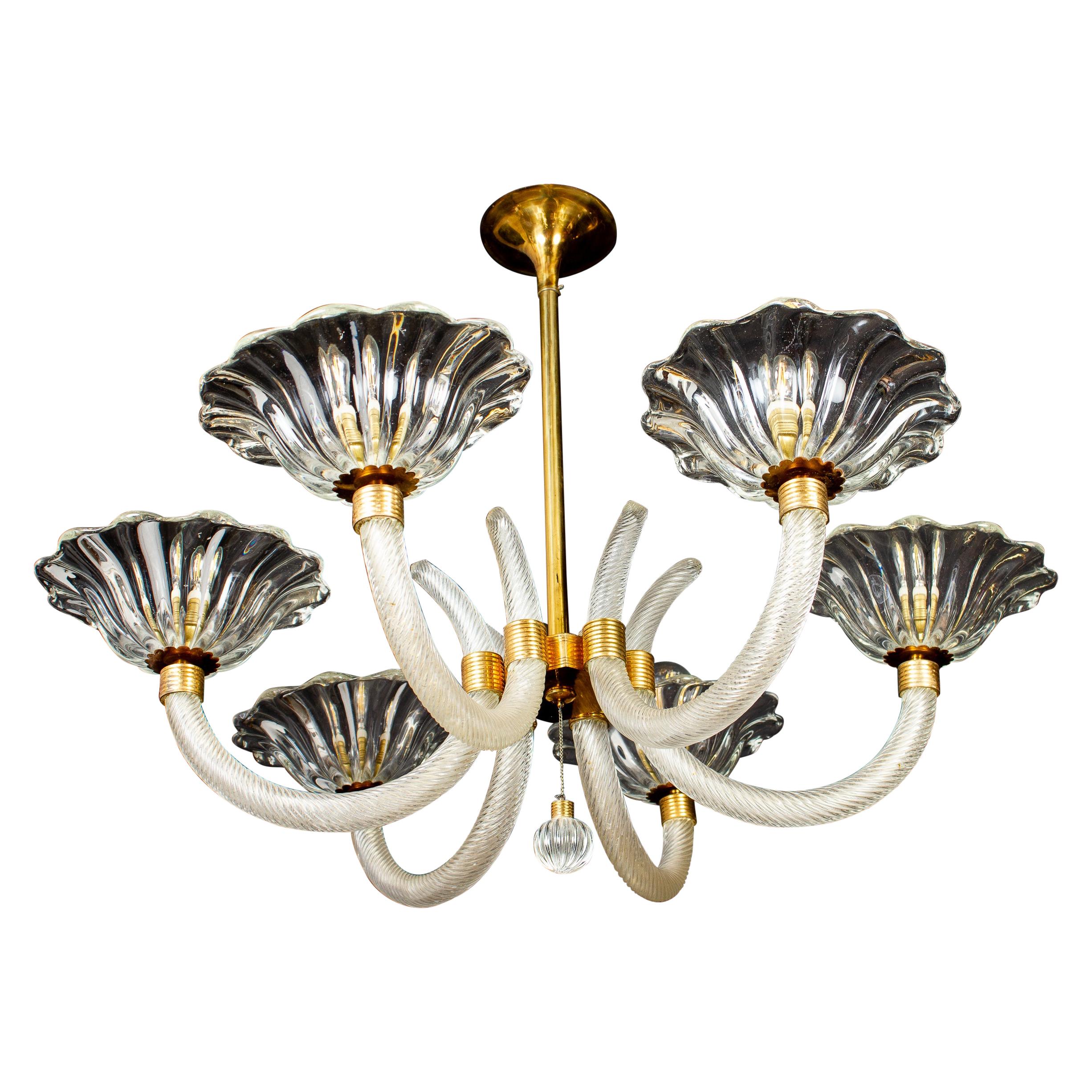 Art Deco Brass Mounted Murano Glass Chandelier by Ercole Barovier, 1940 For Sale 5