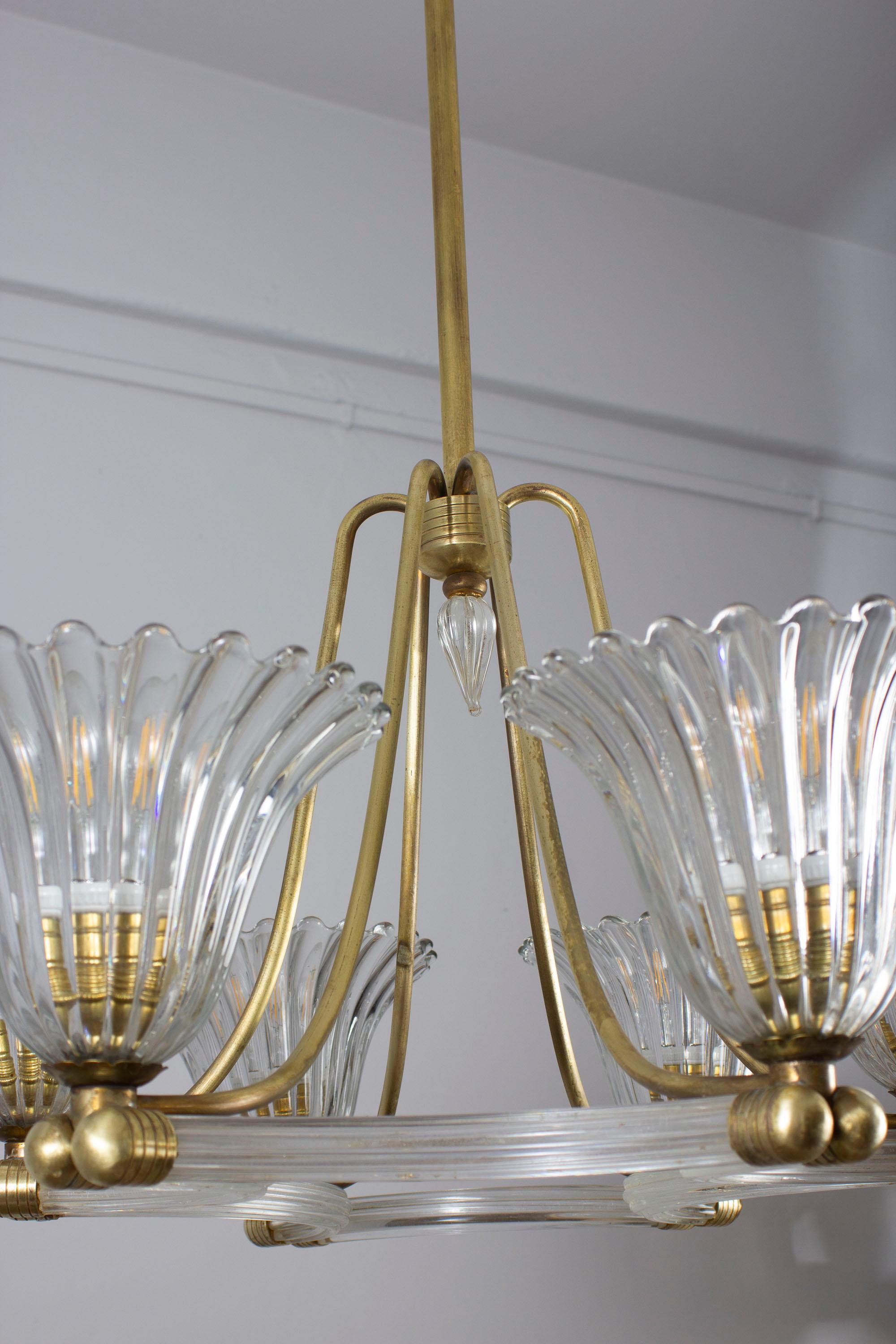  Art Deco Brass Mounted Murano Glass Chandelier by Ercole Barovier 1940 For Sale 5
