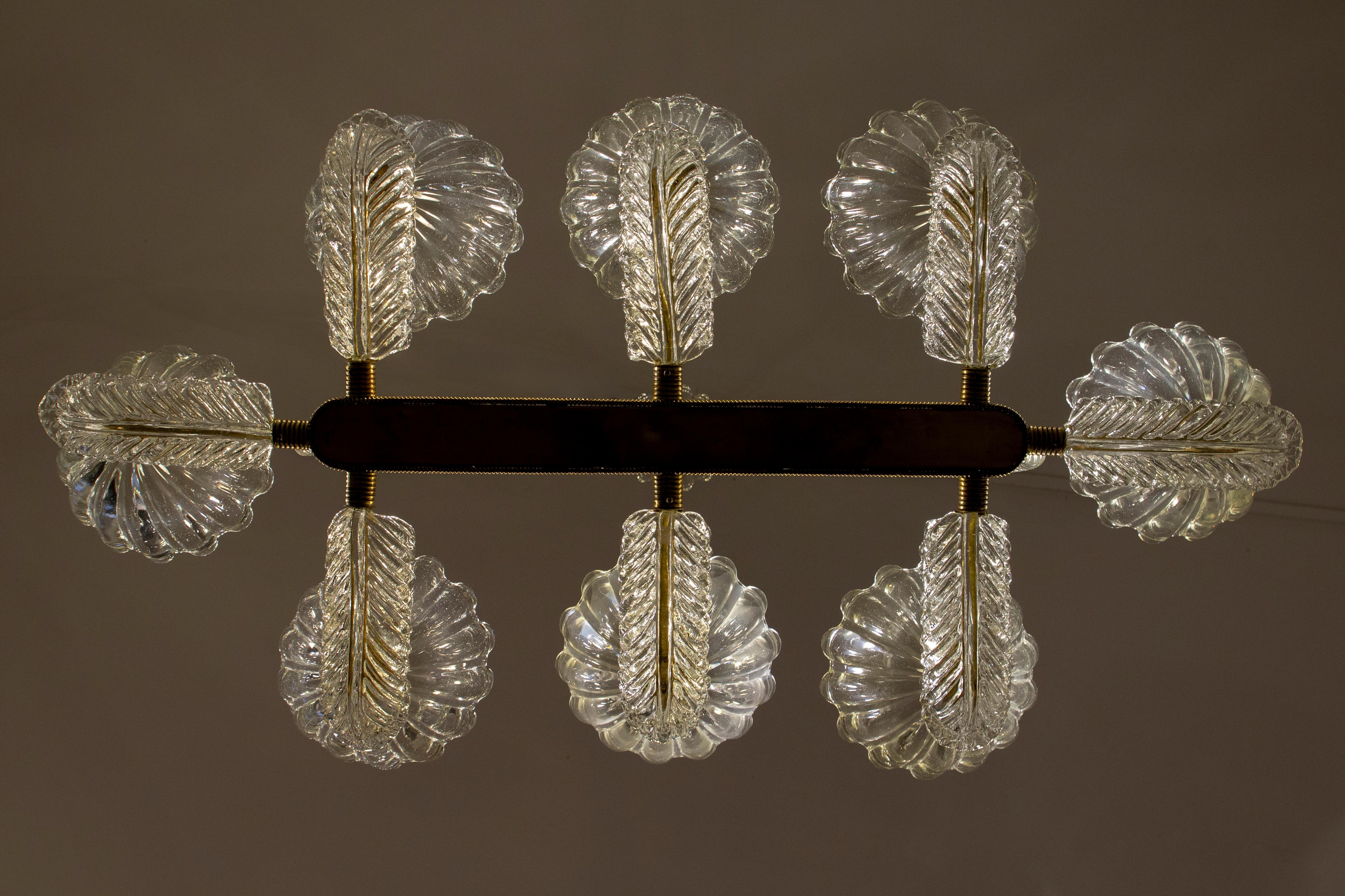 Art Deco Brass Mounted Murano Glass Chandelier by Ercole Barovier, 1940 For Sale 5