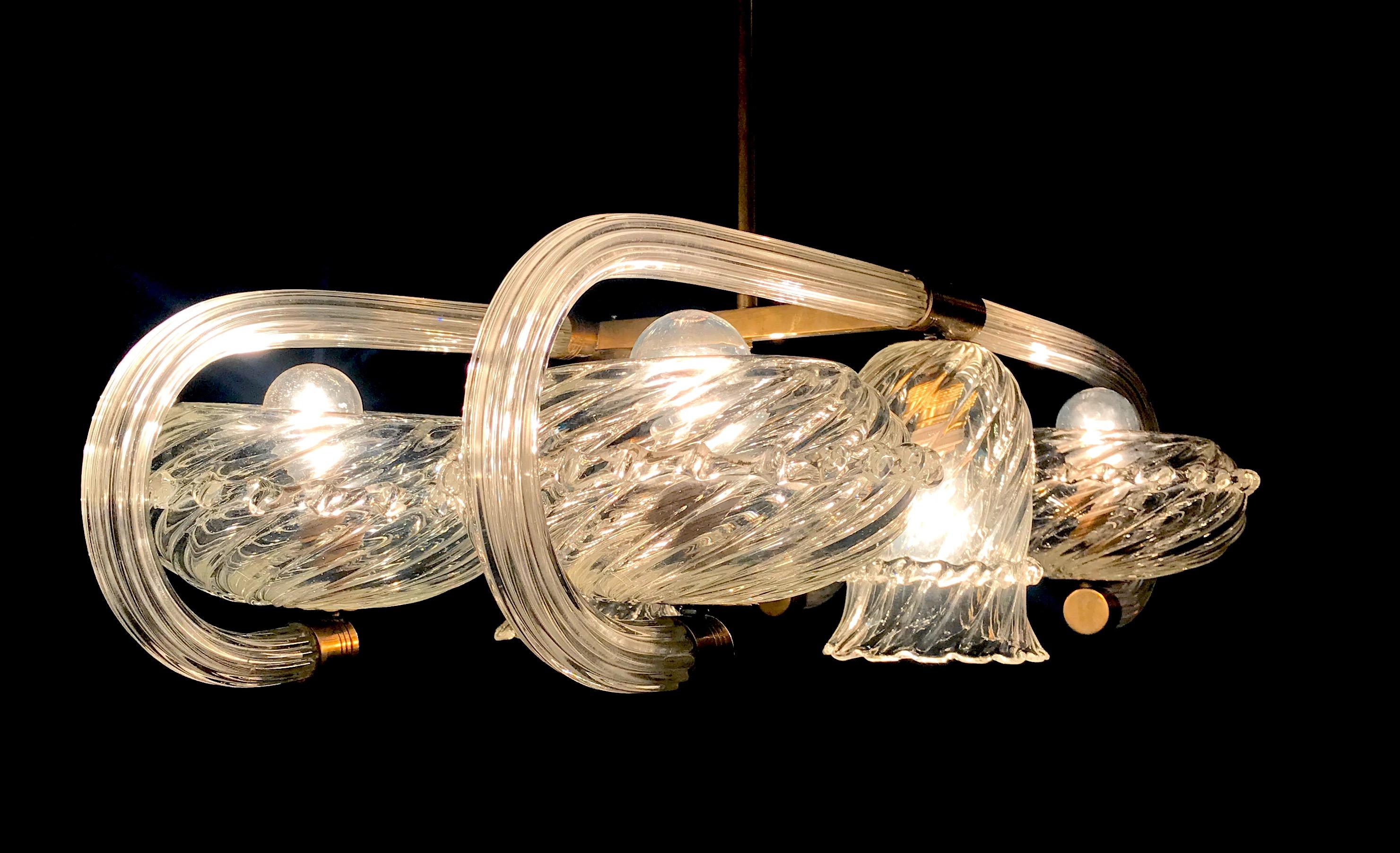 Art Deco Brass Mounted Murano Glass Chandelier by Ercole Barovier, 1940 6