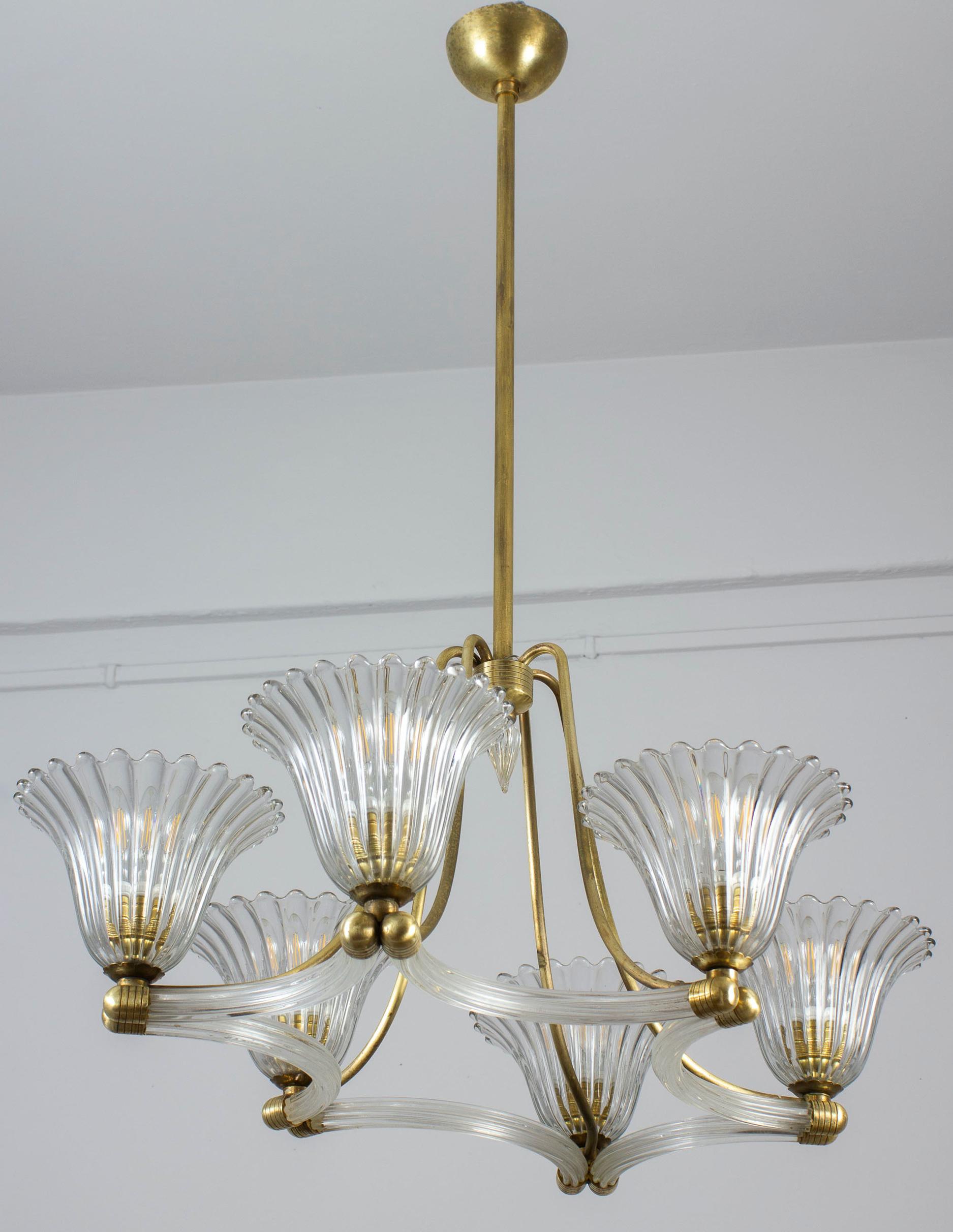  Art Deco Brass Mounted Murano Glass Chandelier by Ercole Barovier 1940 For Sale 6