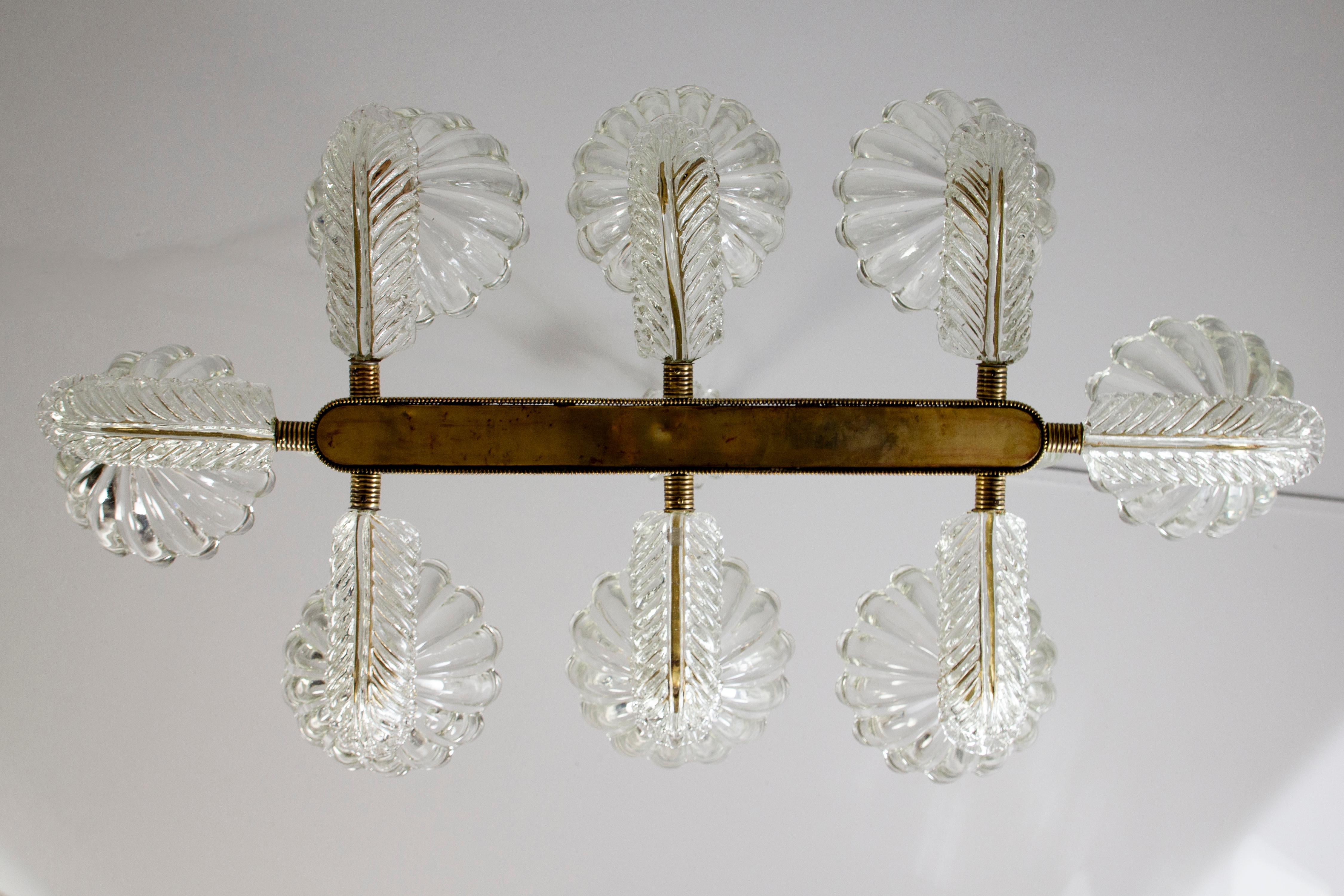 Art Deco Brass Mounted Murano Glass Chandelier by Ercole Barovier, 1940 For Sale 6