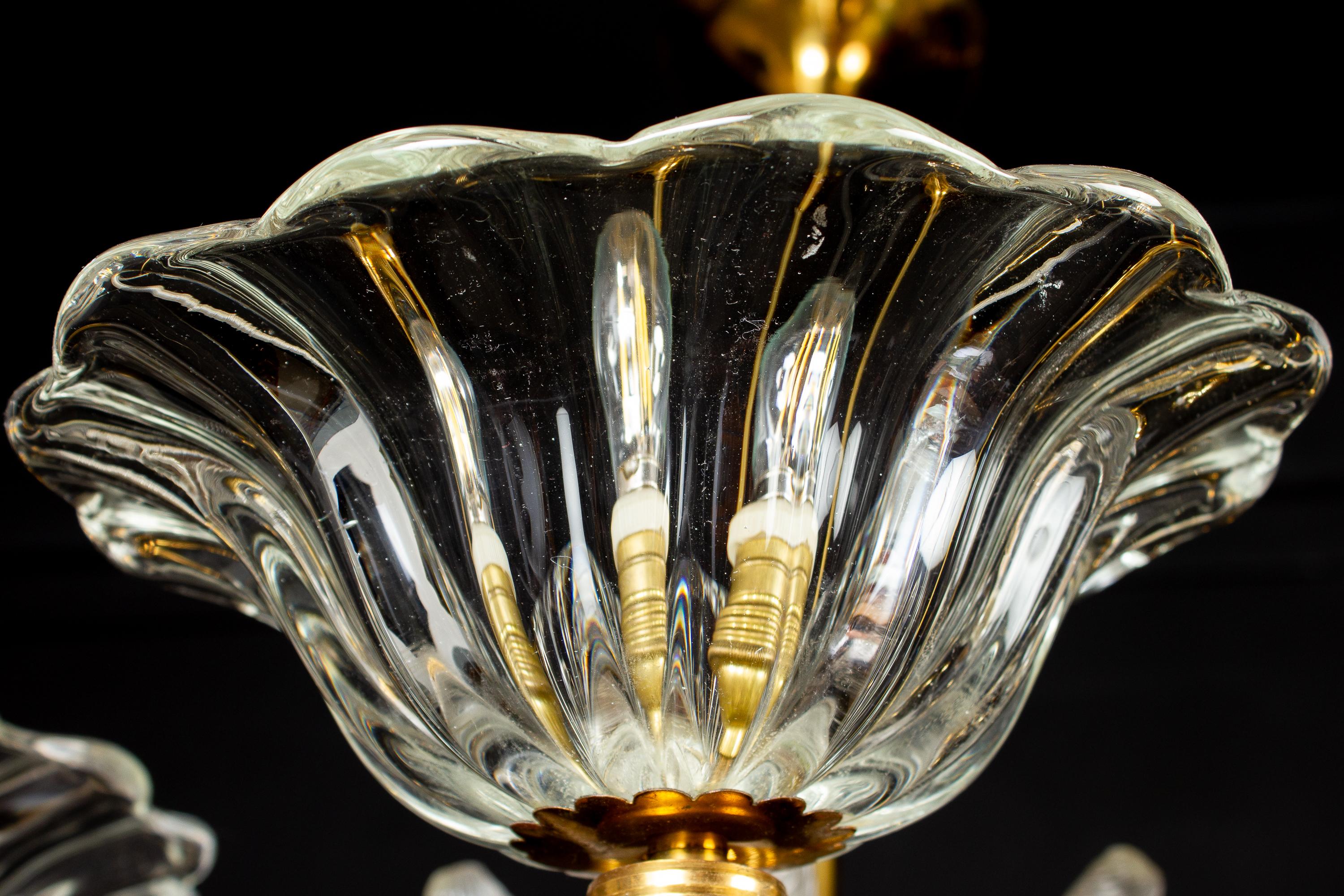 Art Deco Brass Mounted Murano Glass Chandelier by Ercole Barovier, 1940 7