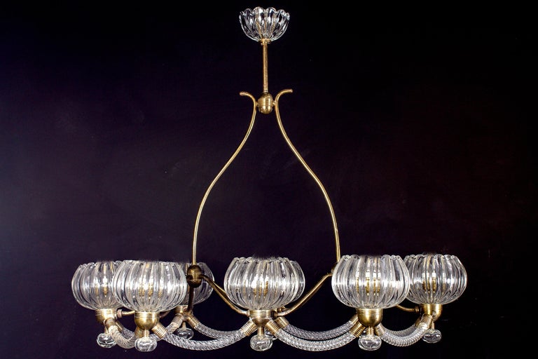 Art Deco Brass Mounted Murano Glass Chandelier by Ercole Barovier, 1940 For Sale 8