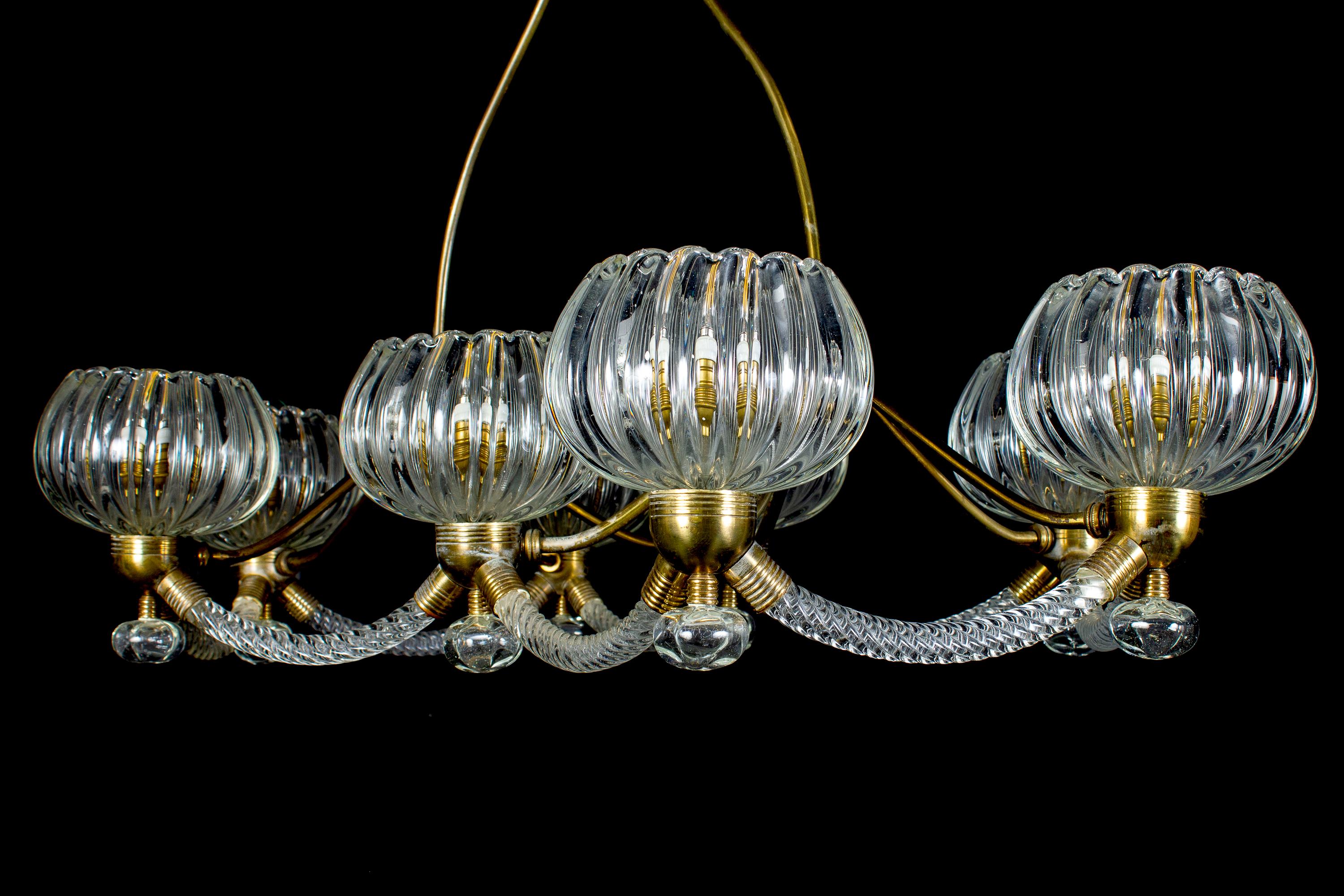 Art Deco Brass Mounted Murano Glass Chandelier by Ercole Barovier, 1940 10