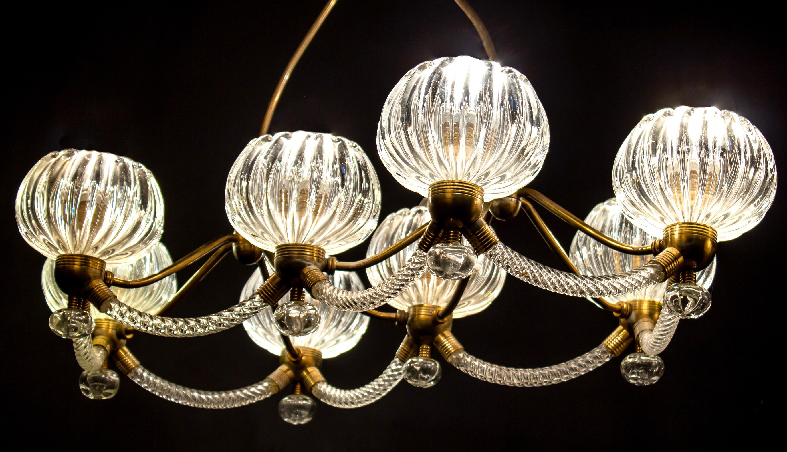 Art Deco Brass Mounted Murano Glass Chandelier by Ercole Barovier, 1940 9