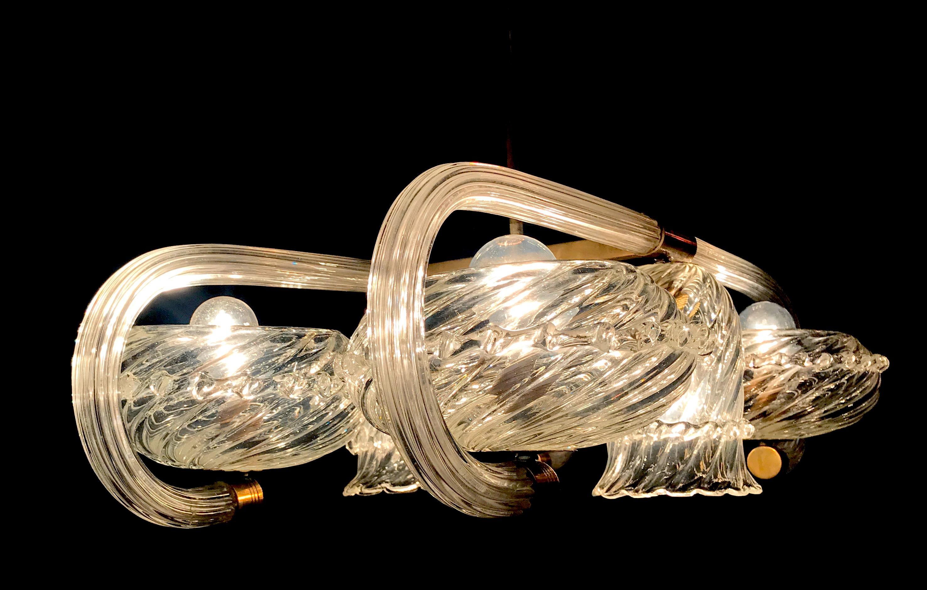 Italian Art Deco Brass Mounted Murano Glass Chandelier by Ercole Barovier, 1940
