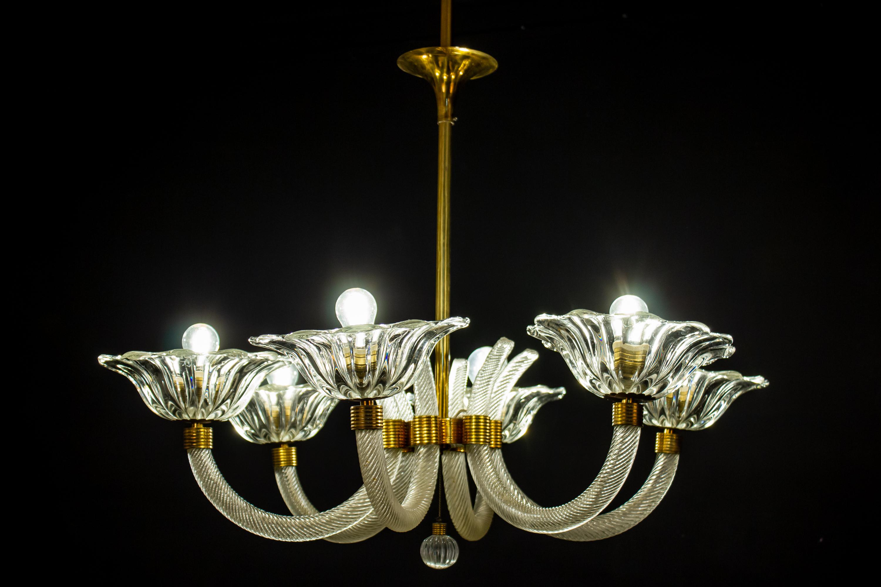 Italian Art Deco Brass Mounted Murano Glass Chandelier by Ercole Barovier, 1940 For Sale