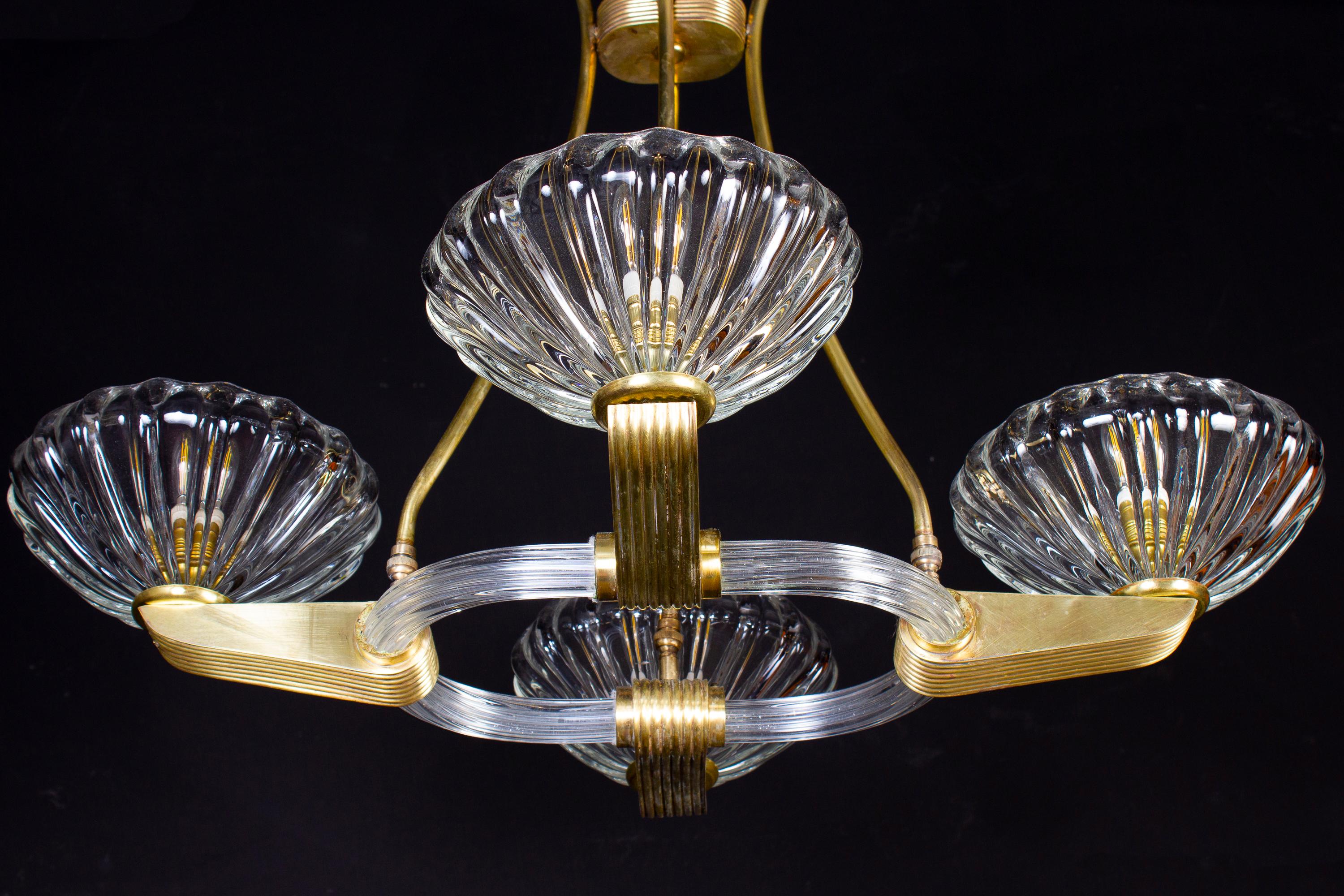 Italian Art Deco Brass Mounted Murano Glass Chandelier by Ercole Barovier, 1940
