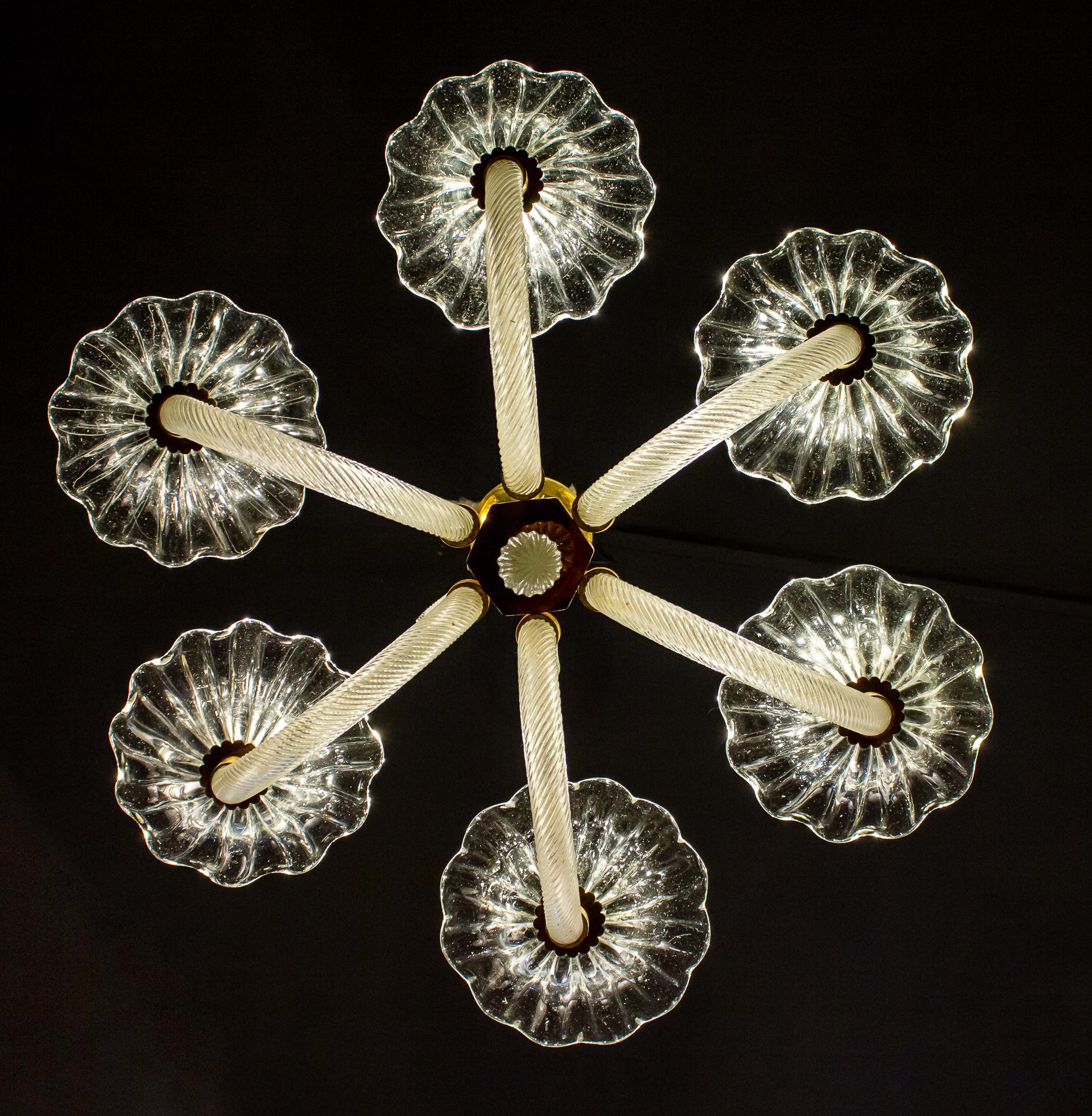 Art déco Lustre Art Déco en verre de Murano monté sur laiton par Ercole Barovier, 1940 en vente