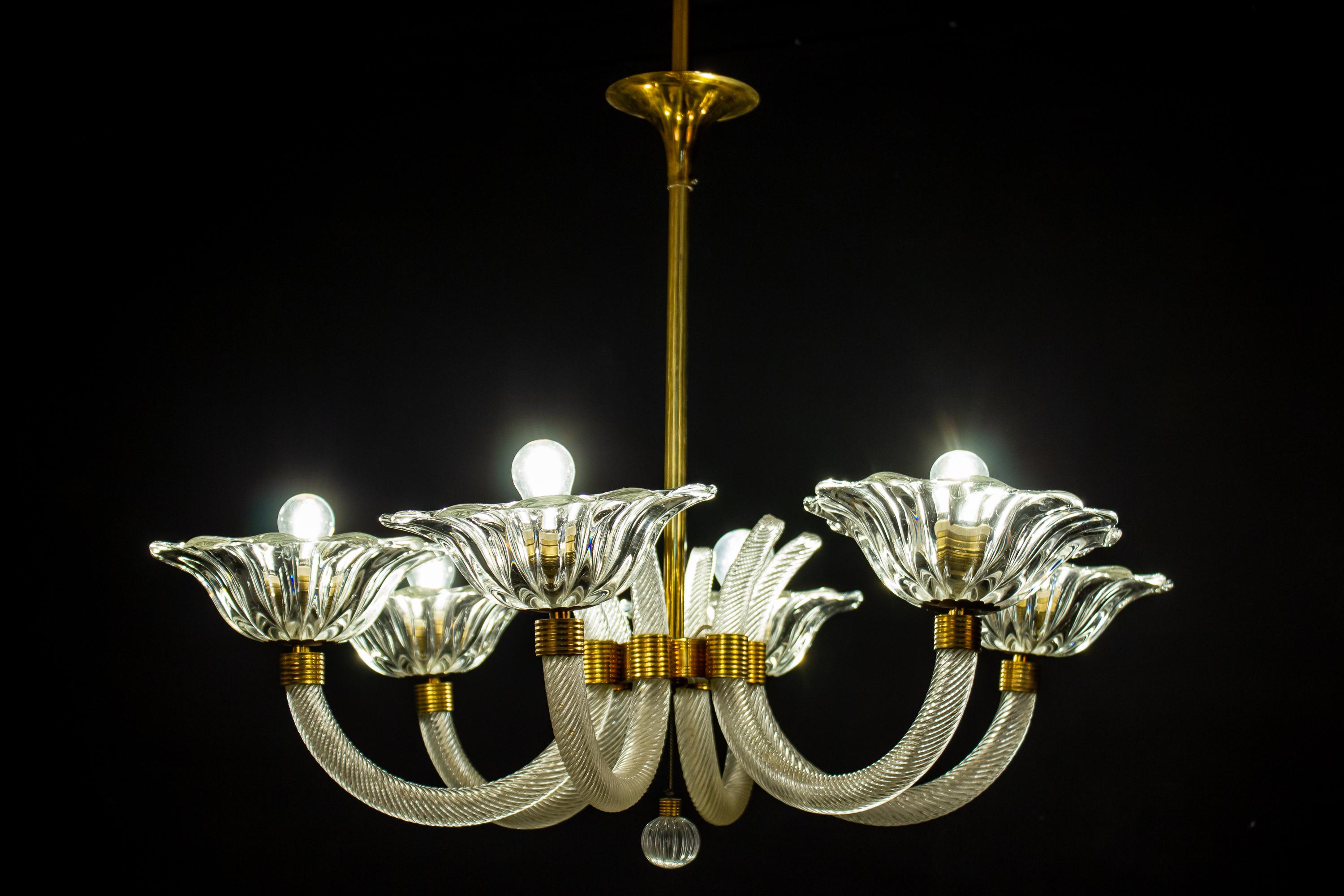 Art Deco Brass Mounted Murano Glass Chandelier by Ercole Barovier, 1940 In Excellent Condition In Rome, IT