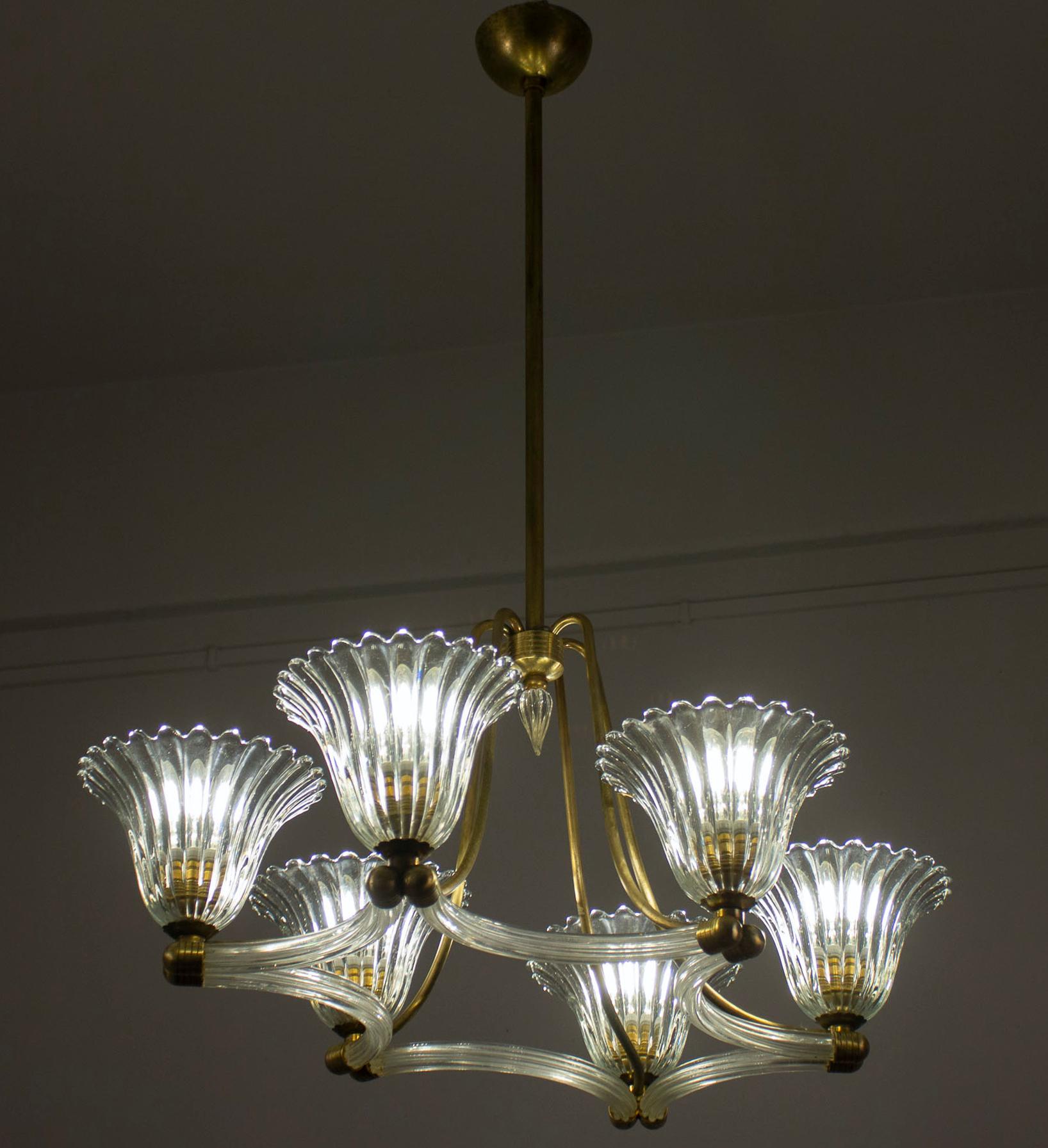  Art Deco Brass Mounted Murano Glass Chandelier by Ercole Barovier 1940 In Excellent Condition In Rome, IT