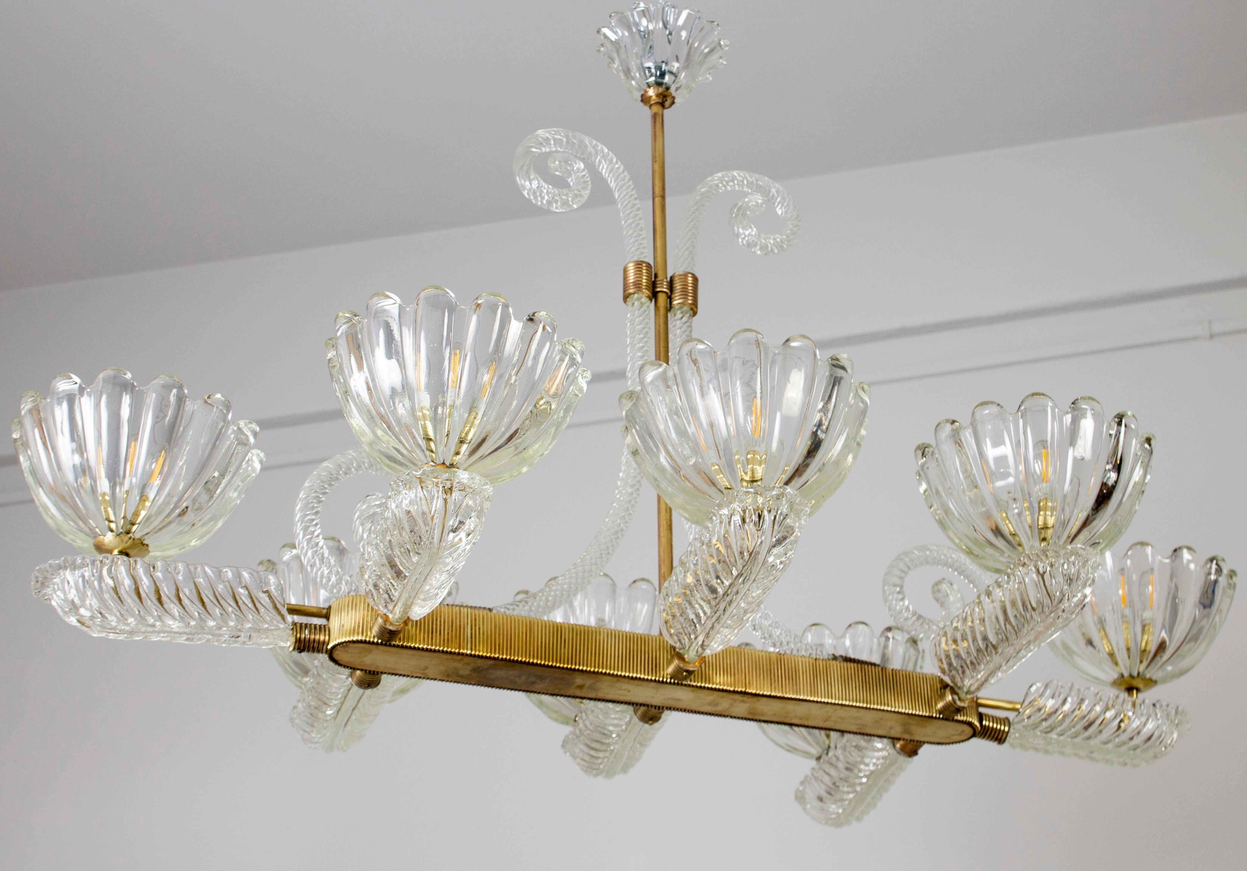 Art Deco Brass Mounted Murano Glass Chandelier by Ercole Barovier, 1940 In Excellent Condition For Sale In Rome, IT