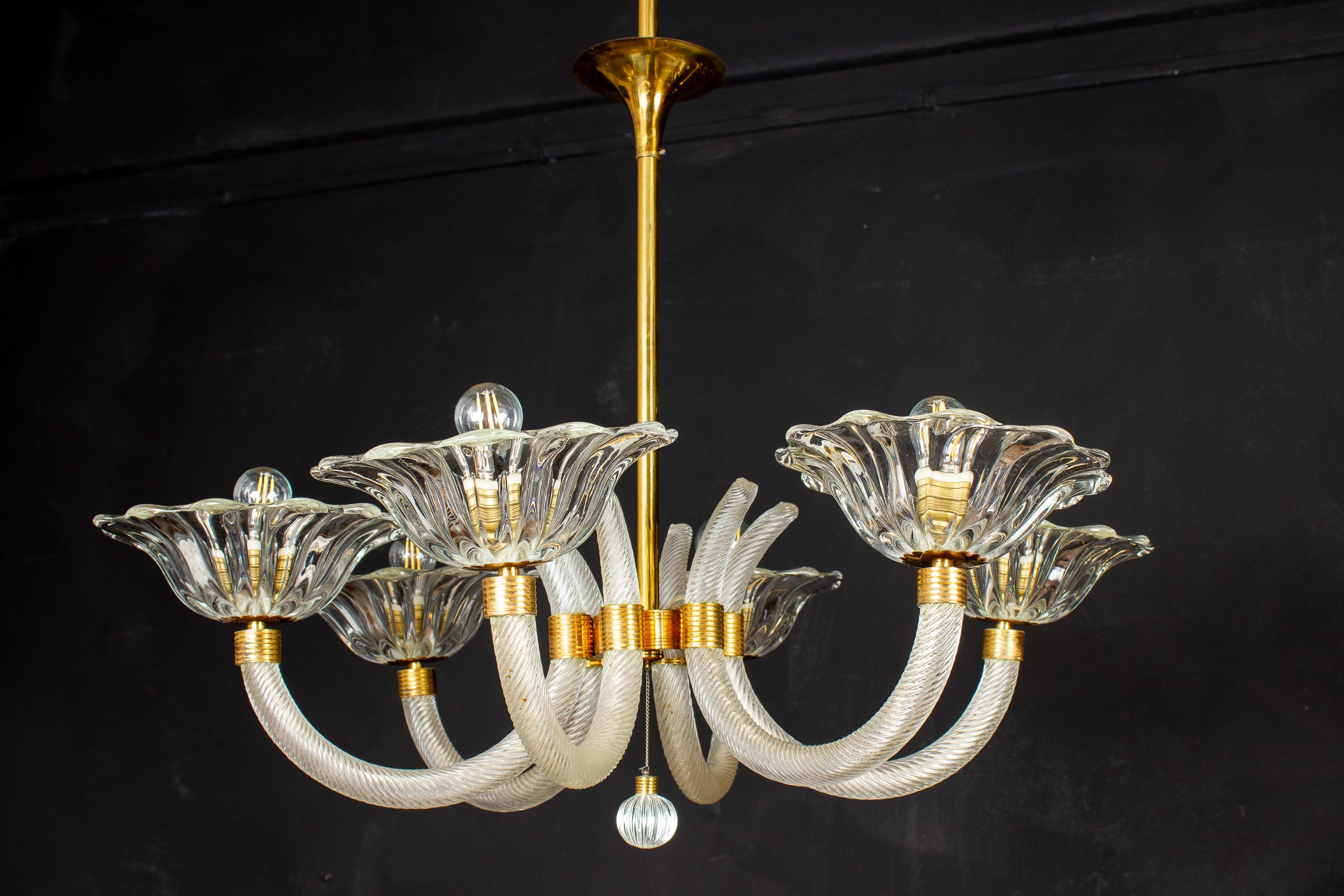 20th Century Art Deco Brass Mounted Murano Glass Chandelier by Ercole Barovier, 1940