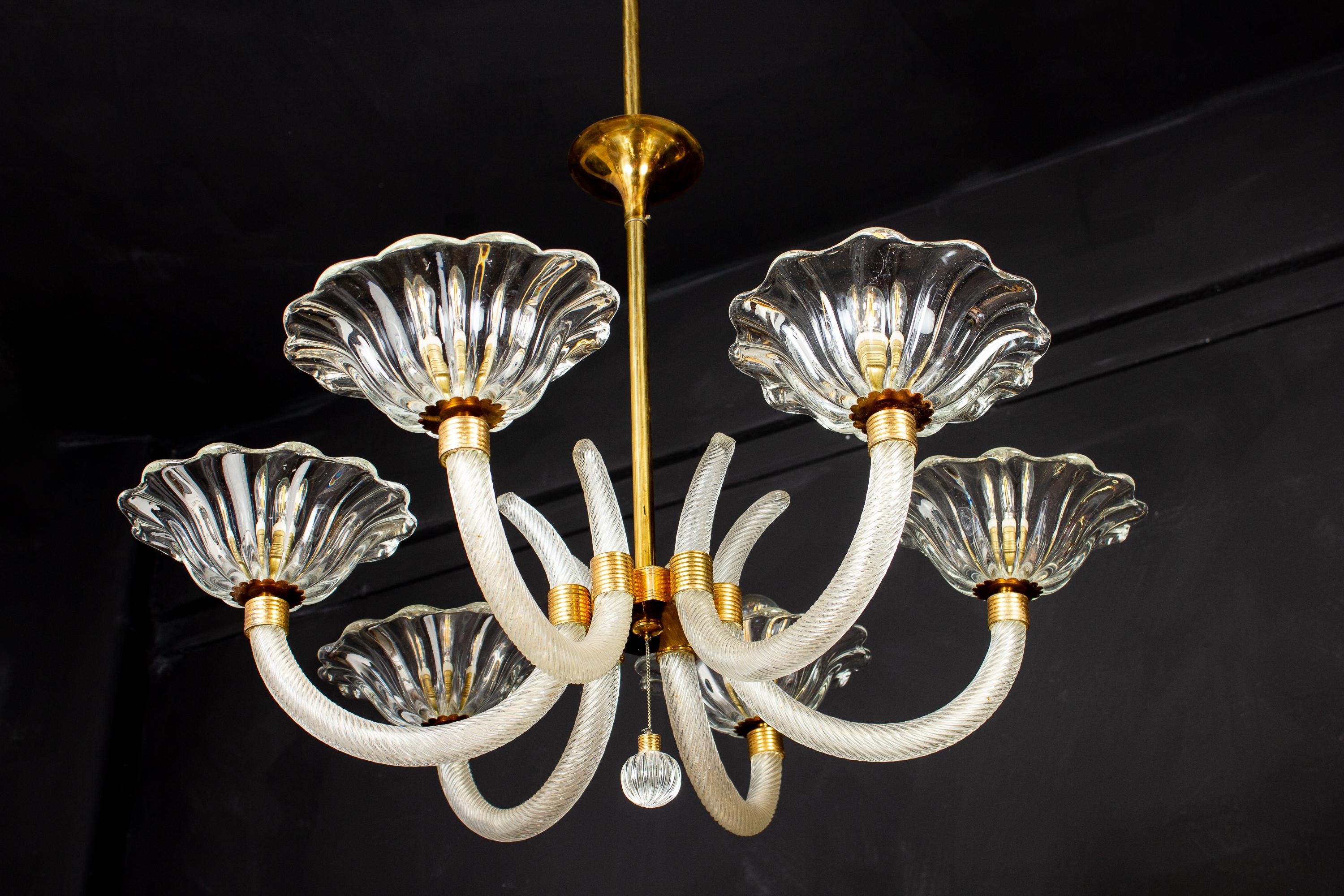 20th Century Art Deco Brass Mounted Murano Glass Chandelier by Ercole Barovier, 1940 For Sale