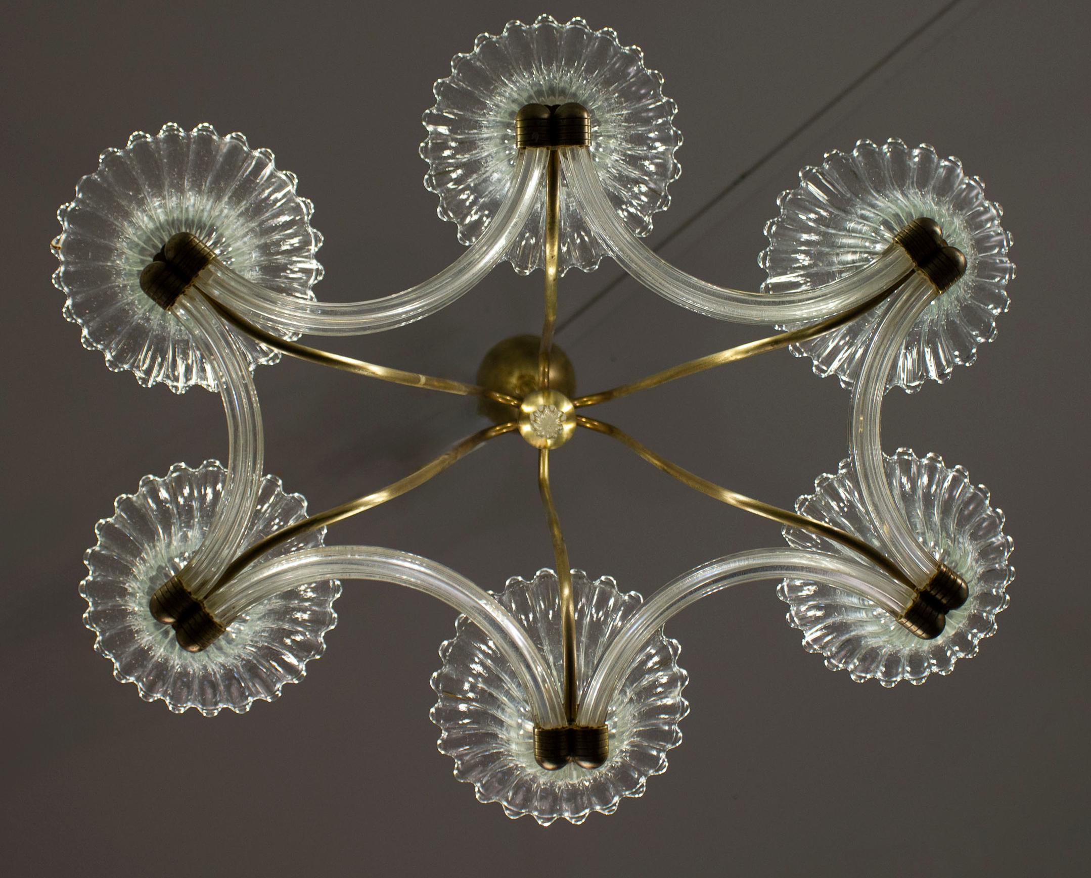 20th Century  Art Deco Brass Mounted Murano Glass Chandelier by Ercole Barovier 1940 For Sale