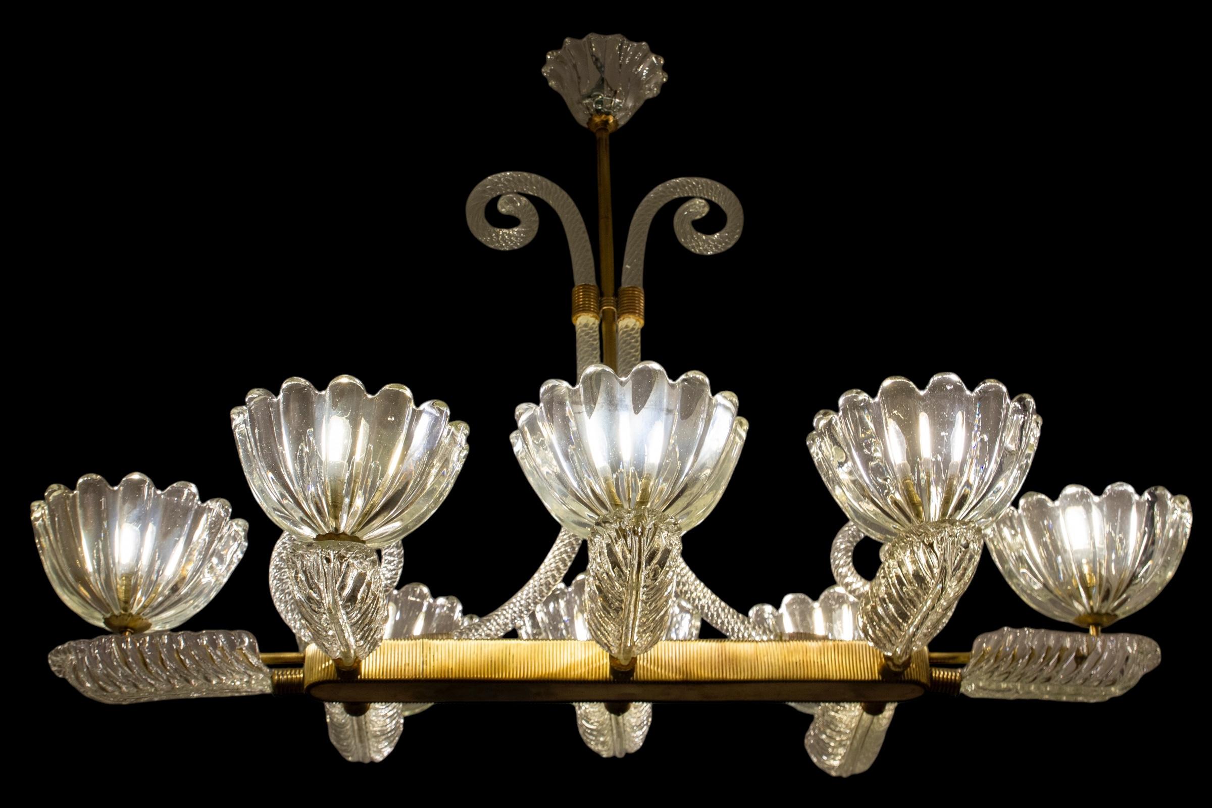 20th Century Art Deco Brass Mounted Murano Glass Chandelier by Ercole Barovier, 1940 For Sale