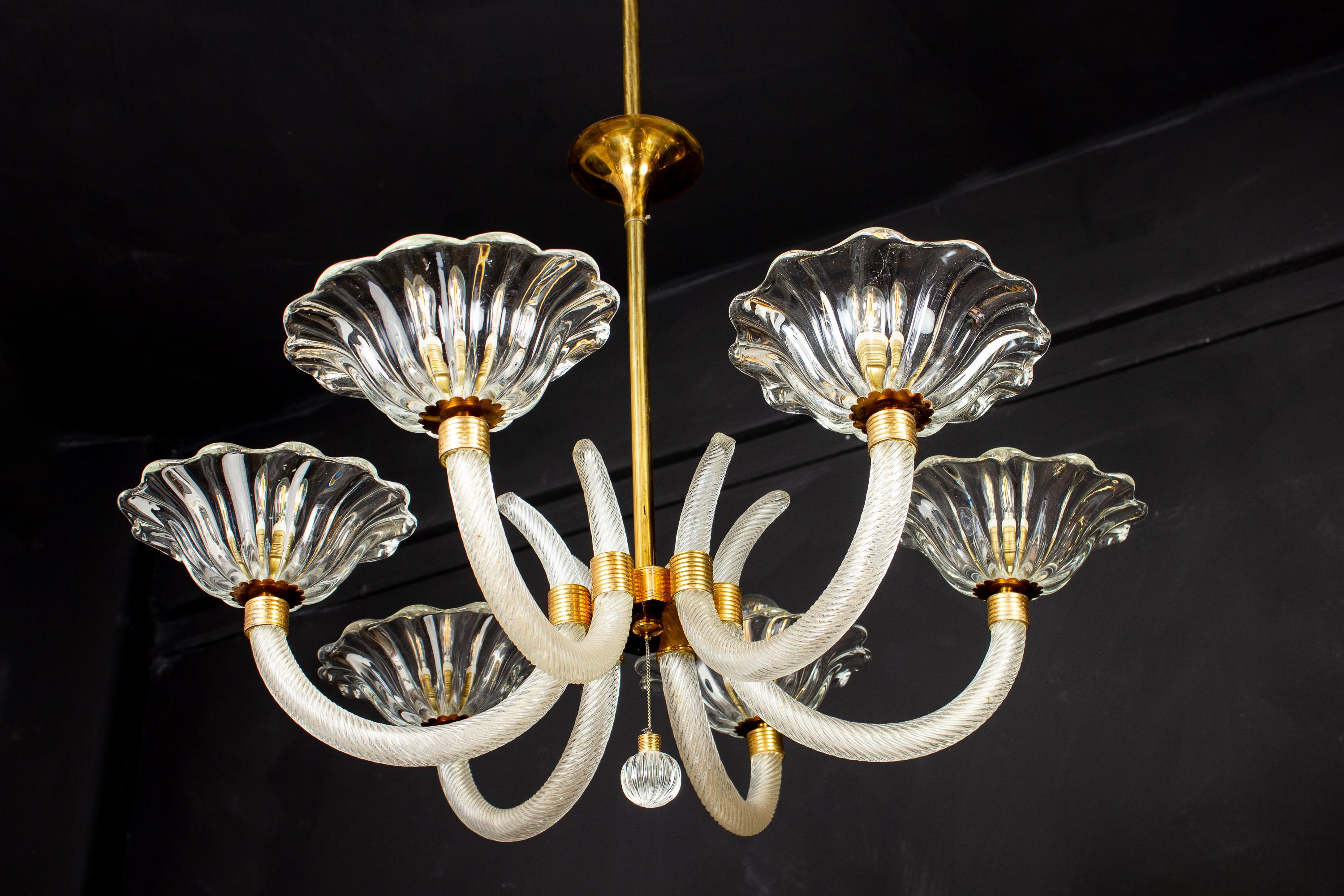 Lustre Art Déco en verre de Murano monté sur laiton par Ercole Barovier, 1940 Excellent état - En vente à Rome, IT