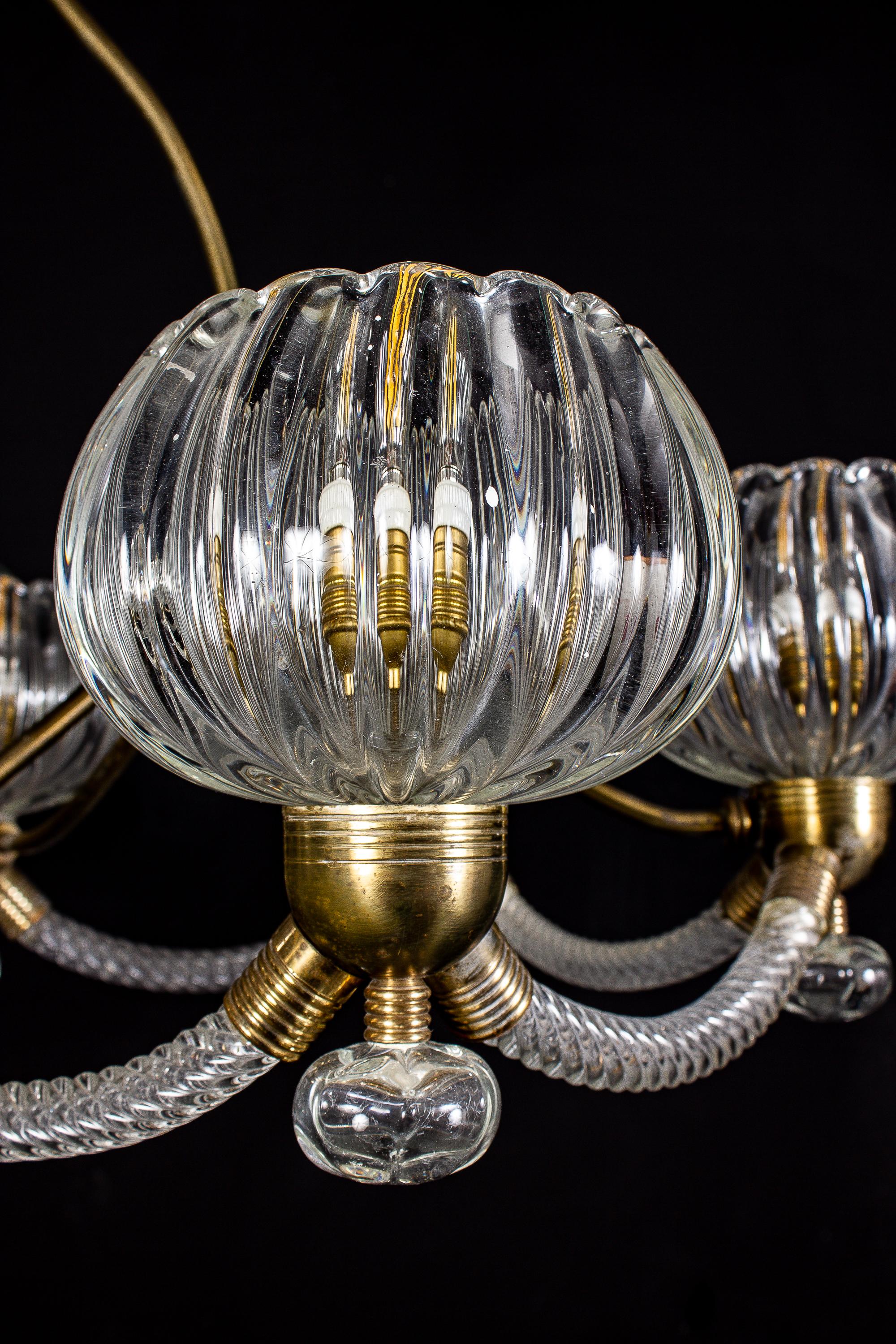 Blown Glass Art Deco Brass Mounted Murano Glass Chandelier by Ercole Barovier, 1940