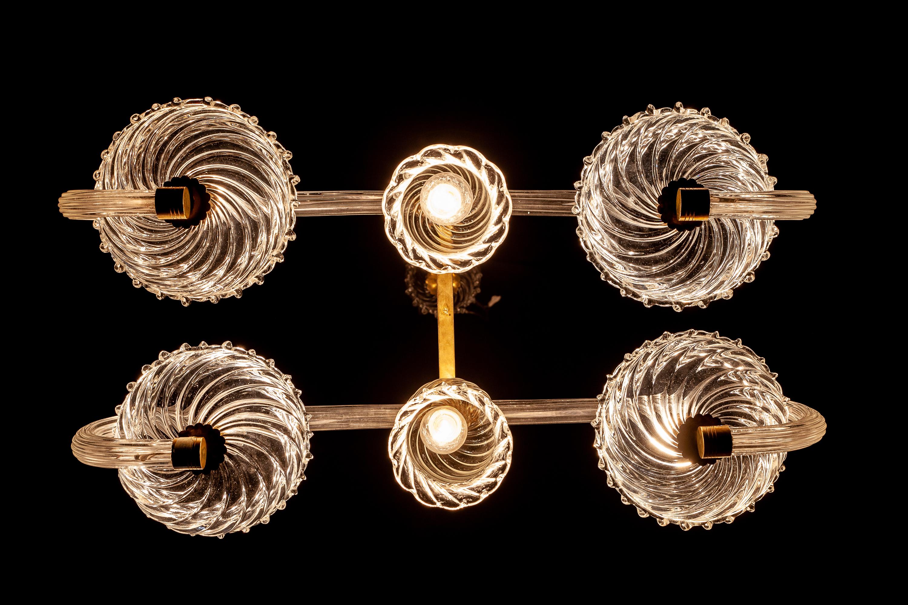 Blown Glass Art Deco Brass Mounted Murano Glass Chandelier by Ercole Barovier, 1940